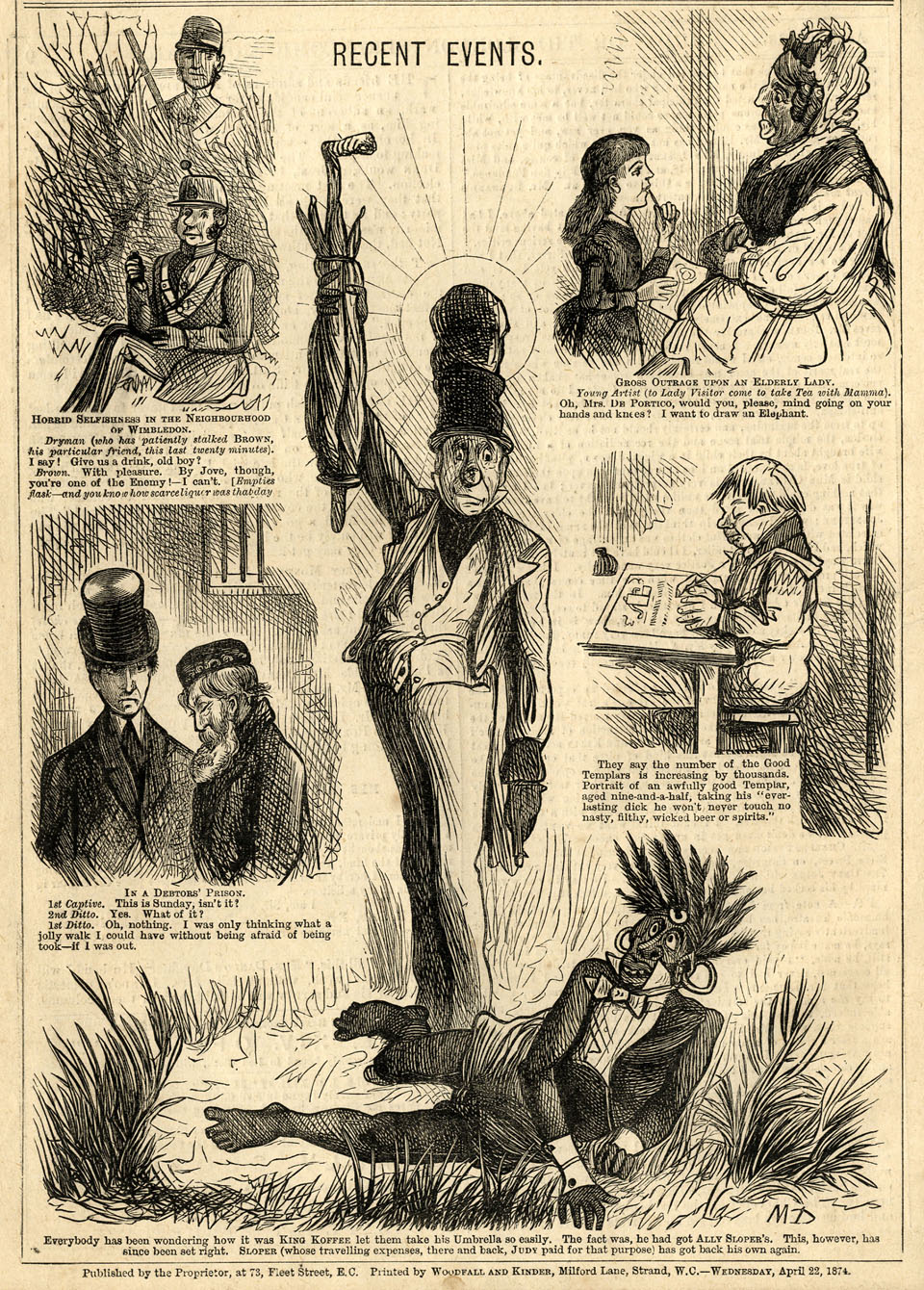 Ally Sloper, Marie Duval strip in Judy, page 2. Public domain. Source: https://commons.wikimedia.org/wiki/File%3AMarie_Duval%2C_Ally_Sloper%2C_%22Recent_Events%22_%28Judy%2C_April_22%2C_1874%29.jpg