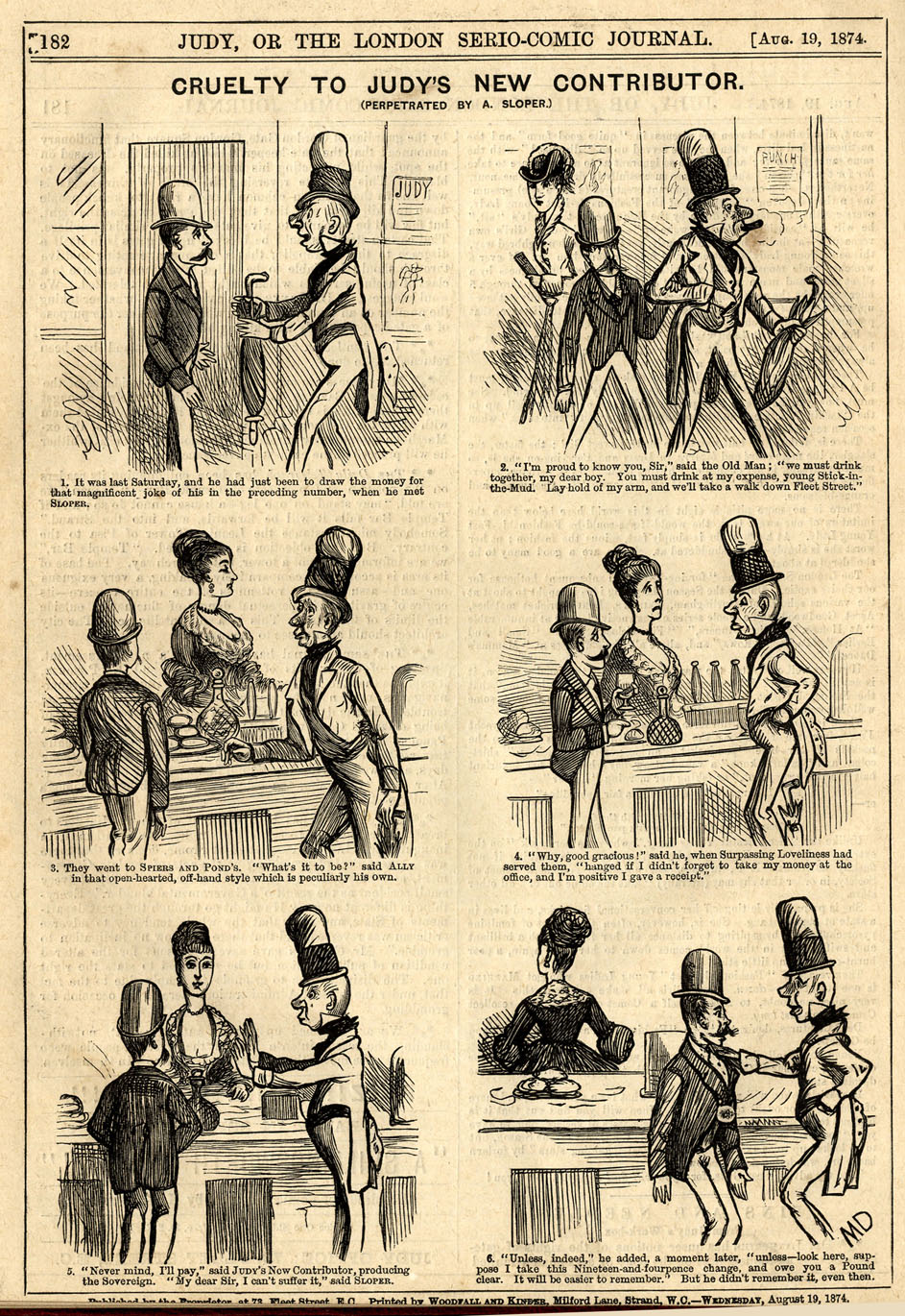 Ally Sloper, Marie Duval strip in Judy, page 12. Public domain. Source: https://commons.wikimedia.org/wiki/File%3AMarie_Duval%2C_Ally_Sloper%2C_Cruelty_to_Judy%27s_New_Contributor_%28Judy%2C_August_19%2C_1874%29.jpg