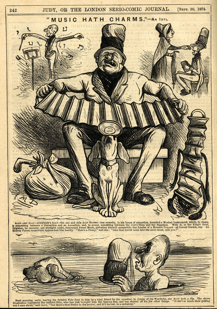 Ally Sloper, Marie Duval strip in Judy, page 14. Public domain. Source: https://commons.wikimedia.org/wiki/File%3AMarie_Duval%2C_Ally_Sloper%2C_Music_Hath_Charms_%28Judy%2C_September_30%2C_1874%29.jpg