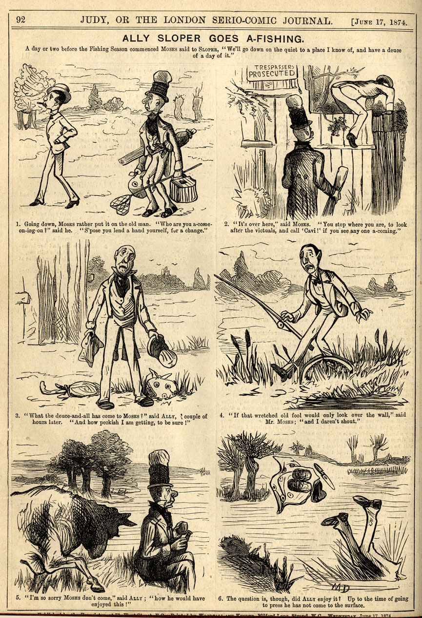 Ally Sloper, Marie Duval strip in Judy, page 6. Public domain. Source: https://commons.wikimedia.org/wiki/File%3AMarie_Duval%2C_Ally_Sloper%2C_Ally_Sloper_Goes_A-Fishing_%28Judy%2C_June_17%2C_1874%29.jpg