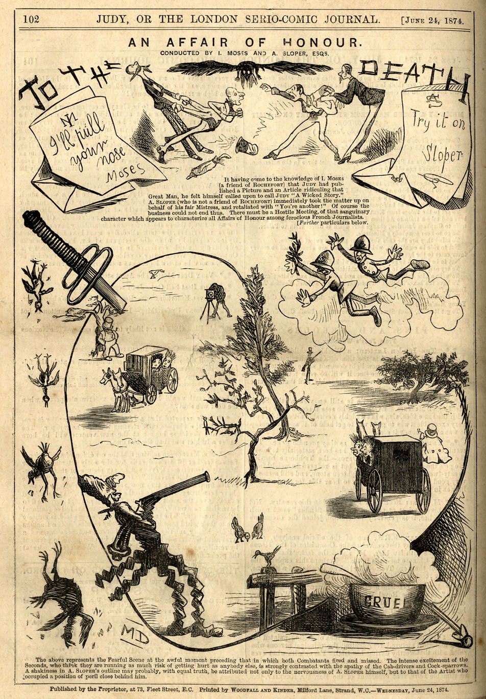Ally Sloper, Marie Duval strip in Judy, page 7. Public domain. Source: https://commons.wikimedia.org/wiki/File%3AMarie_Duval%2C_Ally_Sloper%2C_An_Affair_of_Honour_%28Judy%2C_June_24%2C_1874%29.jpg