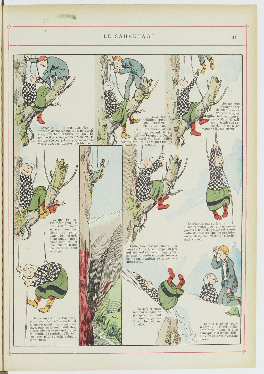 Bécassine – Bécassine alpiniste (1923), page 48. Caumery & J.-P. Pinchon. Domaine public. Source gallica.bnf.fr / BnF.
