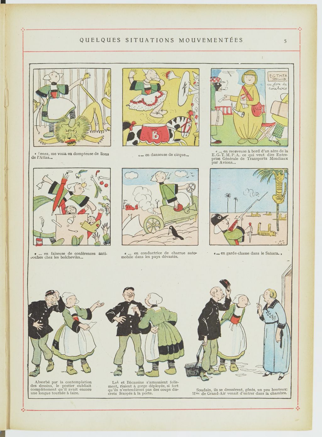 Bécassine – Les Cent Métiers de Bécassine (1920), page 6. Caumery & J.-P. Pinchon. Domaine public. Source gallica.bnf.fr / BnF.