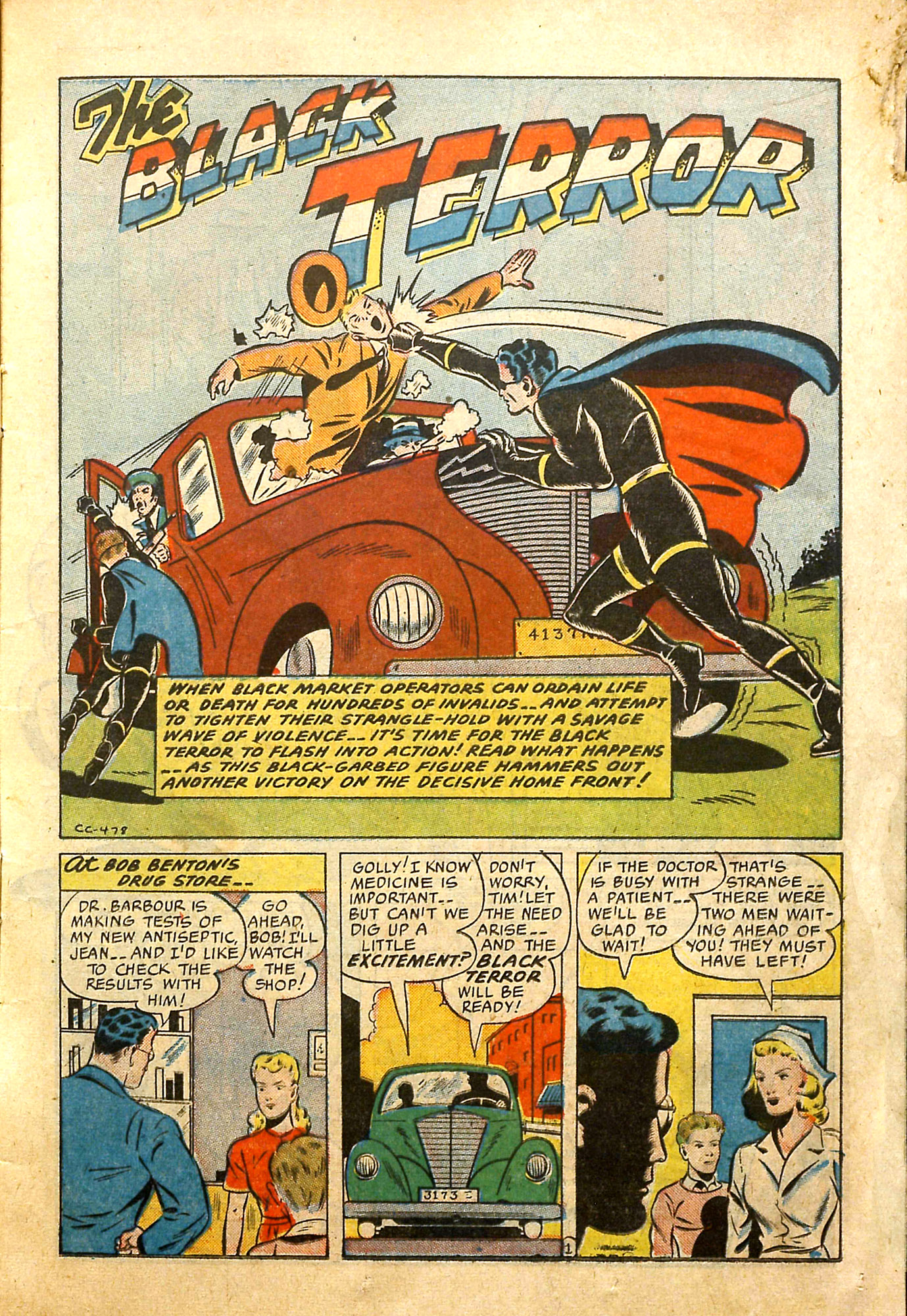 Black Terror, page 16. Black Terror. Public domain in the United States. Intended scans: Digital Comic Museum and Comic Book Plus. https://digitalcomicmuseum.com/