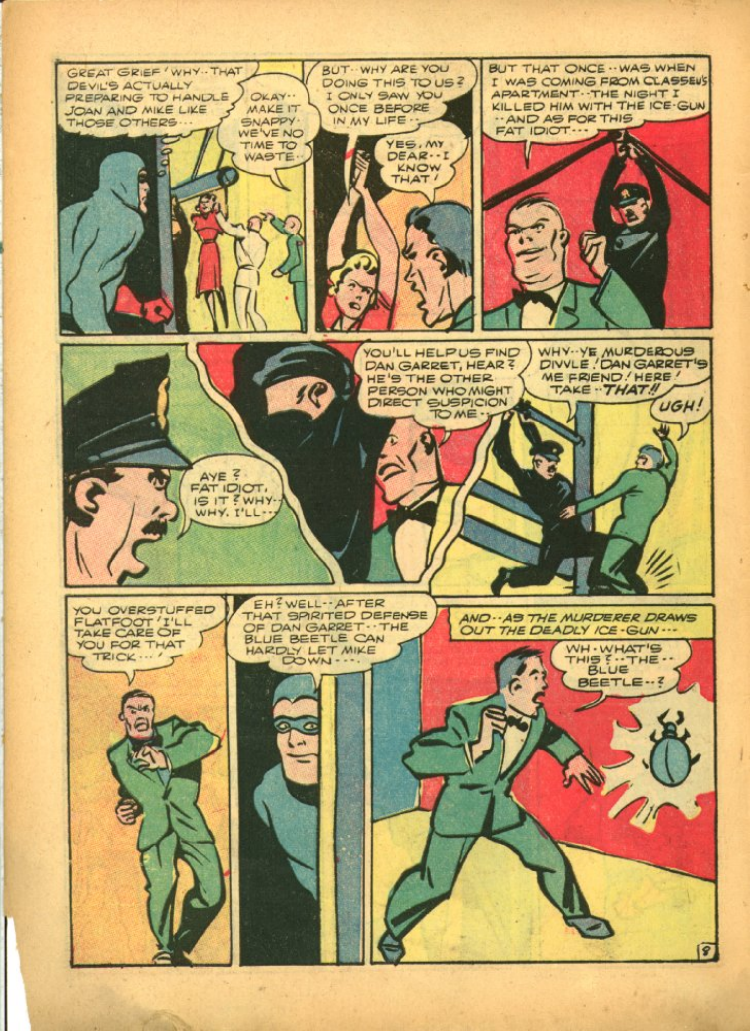 Blue Beetle (Fox / Dan Garrett), page 11. Blue Beetle (Dan Garrett). Public domain in the United States for Fox/Holyoke-era issues. Not Charlton or DC. Internet Archive folkscanomy scans used when Comic Book Plus returns 403.