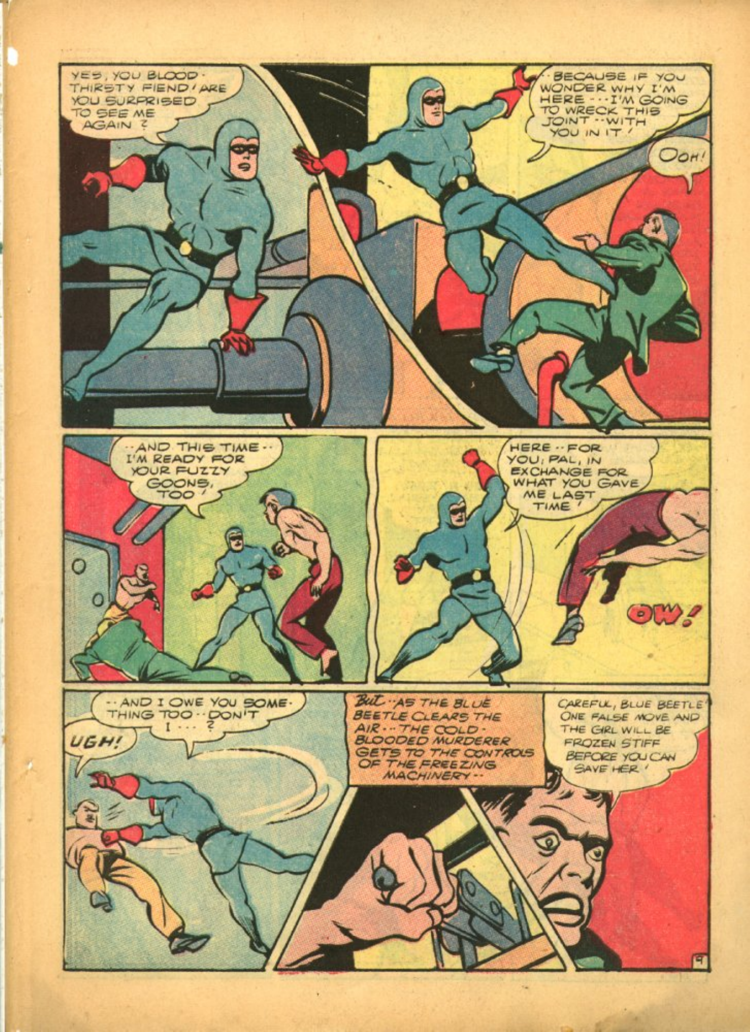 Blue Beetle (Fox / Dan Garrett), page 12. Blue Beetle (Dan Garrett). Public domain in the United States for Fox/Holyoke-era issues. Not Charlton or DC. Internet Archive folkscanomy scans used when Comic Book Plus returns 403.