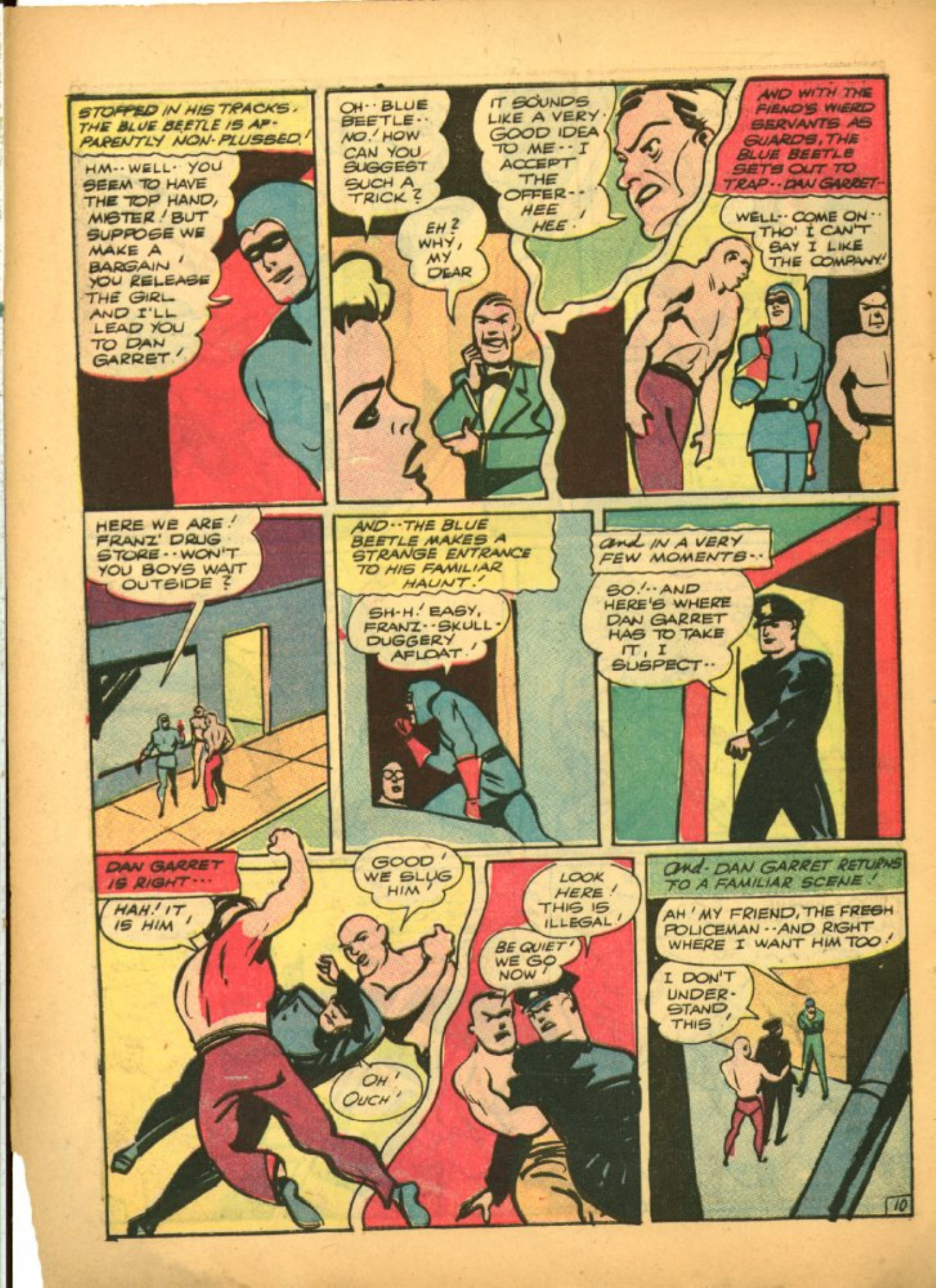 Blue Beetle (Fox / Dan Garrett), page 13. Blue Beetle (Dan Garrett). Public domain in the United States for Fox/Holyoke-era issues. Not Charlton or DC. Internet Archive folkscanomy scans used when Comic Book Plus returns 403.
