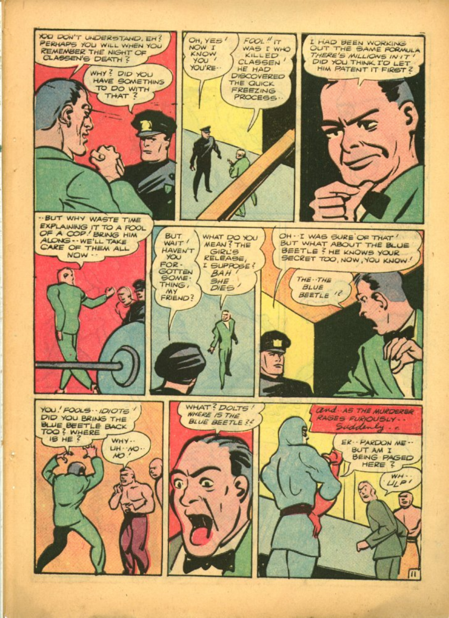Blue Beetle (Fox / Dan Garrett), page 14. Blue Beetle (Dan Garrett). Public domain in the United States for Fox/Holyoke-era issues. Not Charlton or DC. Internet Archive folkscanomy scans used when Comic Book Plus returns 403.