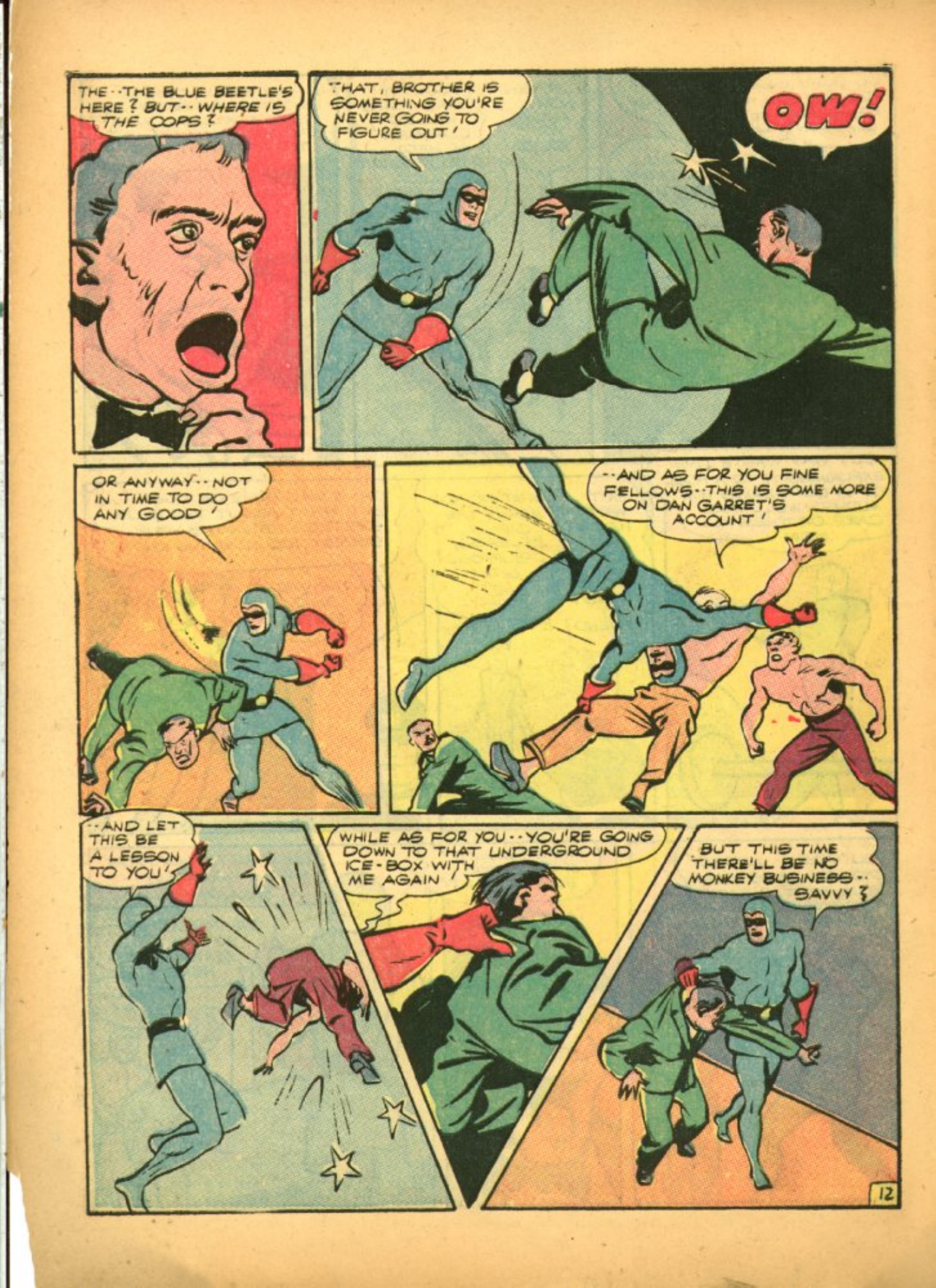 Blue Beetle (Fox / Dan Garrett), page 15. Blue Beetle (Dan Garrett). Public domain in the United States for Fox/Holyoke-era issues. Not Charlton or DC. Internet Archive folkscanomy scans used when Comic Book Plus returns 403.
