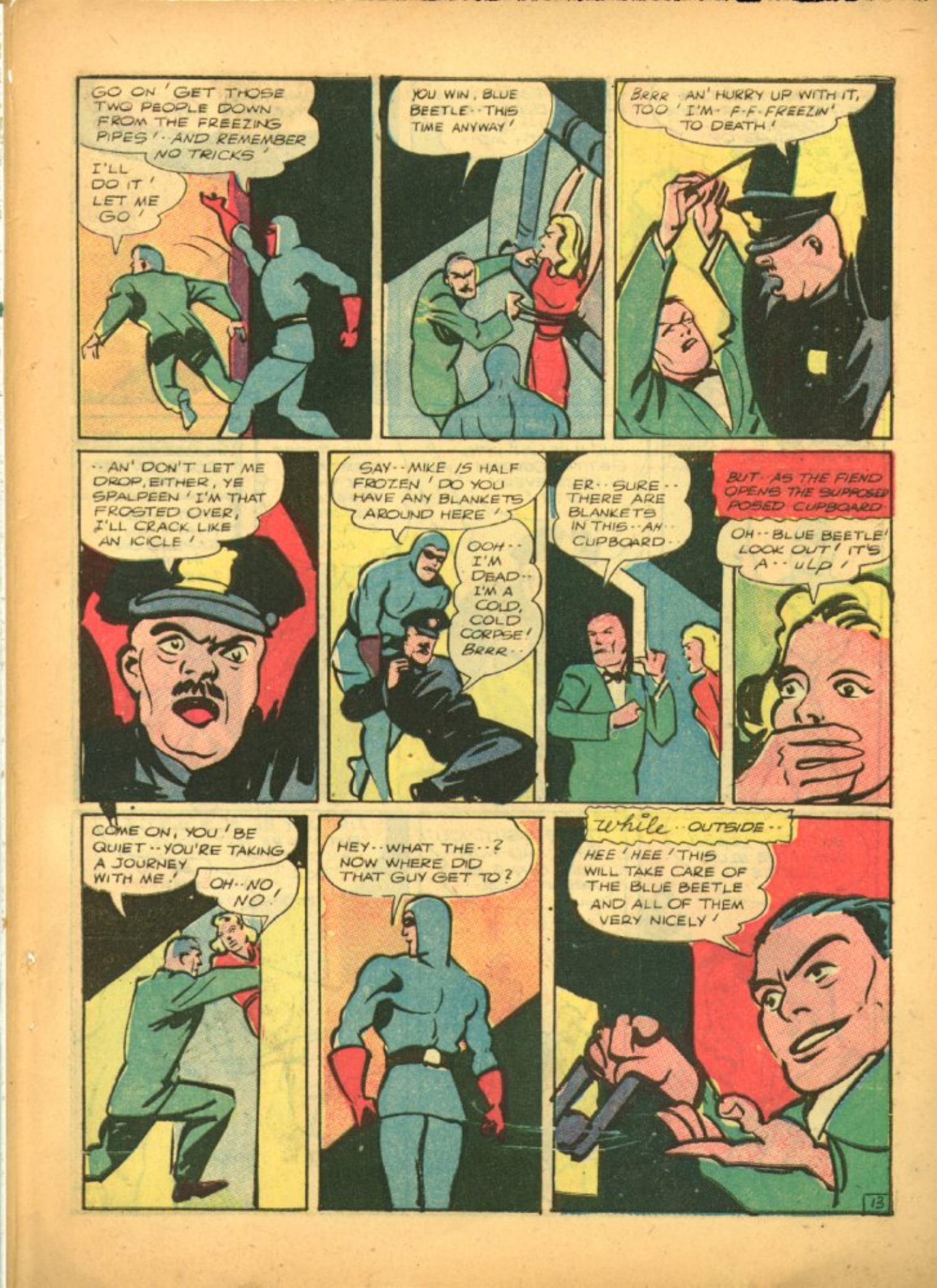 Blue Beetle (Fox / Dan Garrett), page 16. Blue Beetle (Dan Garrett). Public domain in the United States for Fox/Holyoke-era issues. Not Charlton or DC. Internet Archive folkscanomy scans used when Comic Book Plus returns 403.