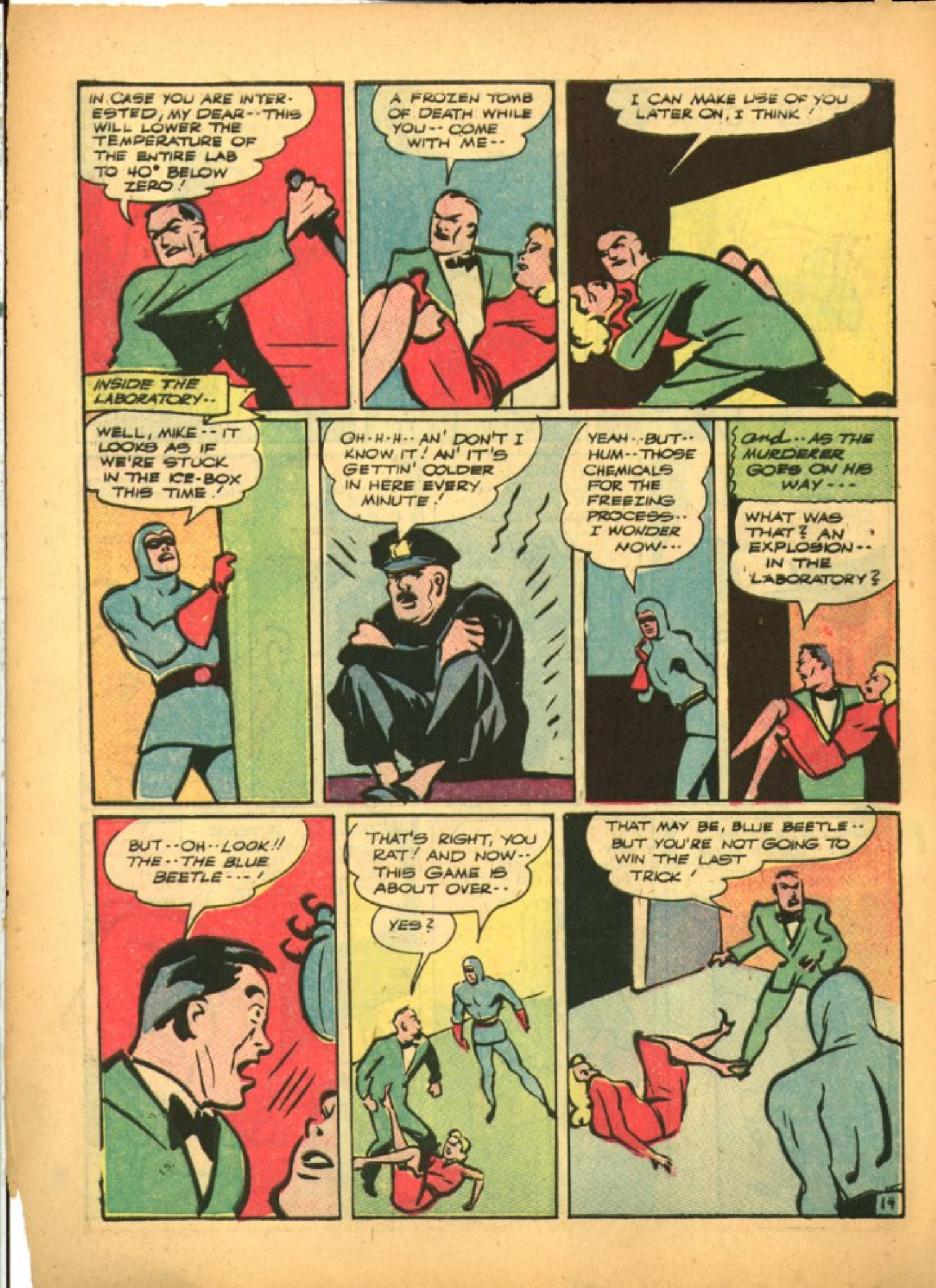 Blue Beetle (Fox / Dan Garrett), page 17. Blue Beetle (Dan Garrett). Public domain in the United States for Fox/Holyoke-era issues. Not Charlton or DC. Internet Archive folkscanomy scans used when Comic Book Plus returns 403.
