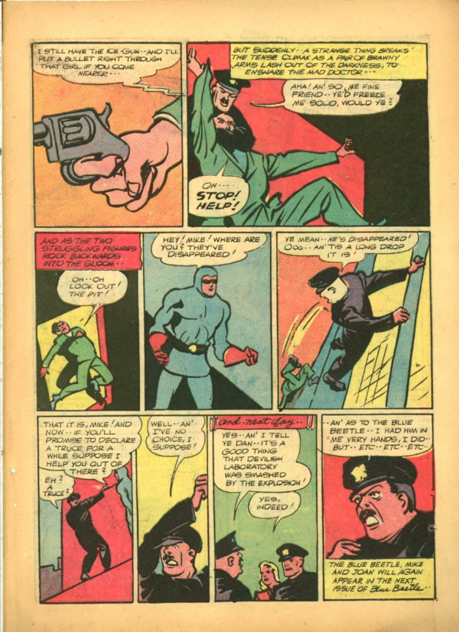Blue Beetle (Fox / Dan Garrett), page 18. Blue Beetle (Dan Garrett). Public domain in the United States for Fox/Holyoke-era issues. Not Charlton or DC. Internet Archive folkscanomy scans used when Comic Book Plus returns 403.