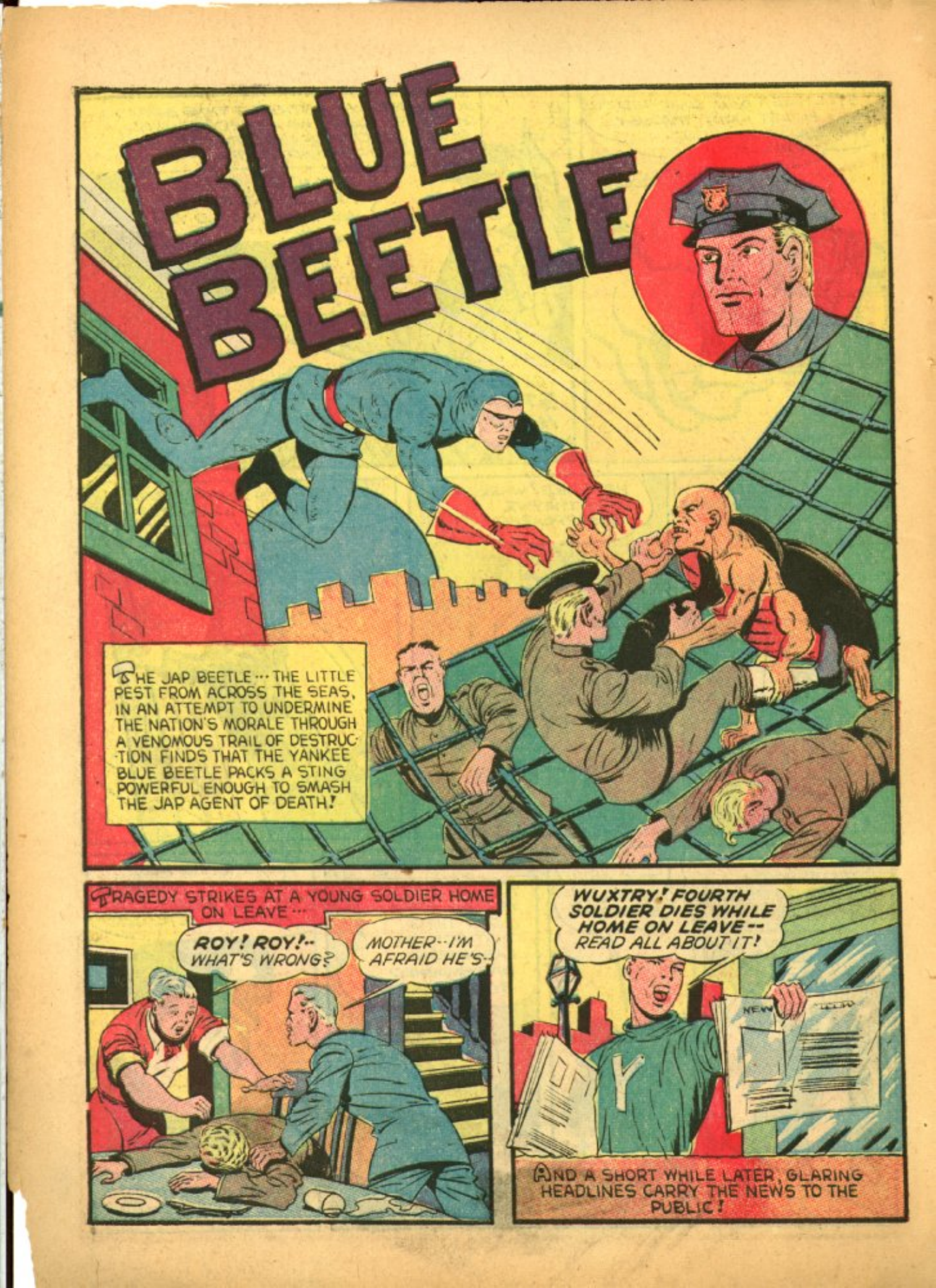 Blue Beetle (Fox / Dan Garrett), page 19. Blue Beetle (Dan Garrett). Public domain in the United States for Fox/Holyoke-era issues. Not Charlton or DC. Internet Archive folkscanomy scans used when Comic Book Plus returns 403.