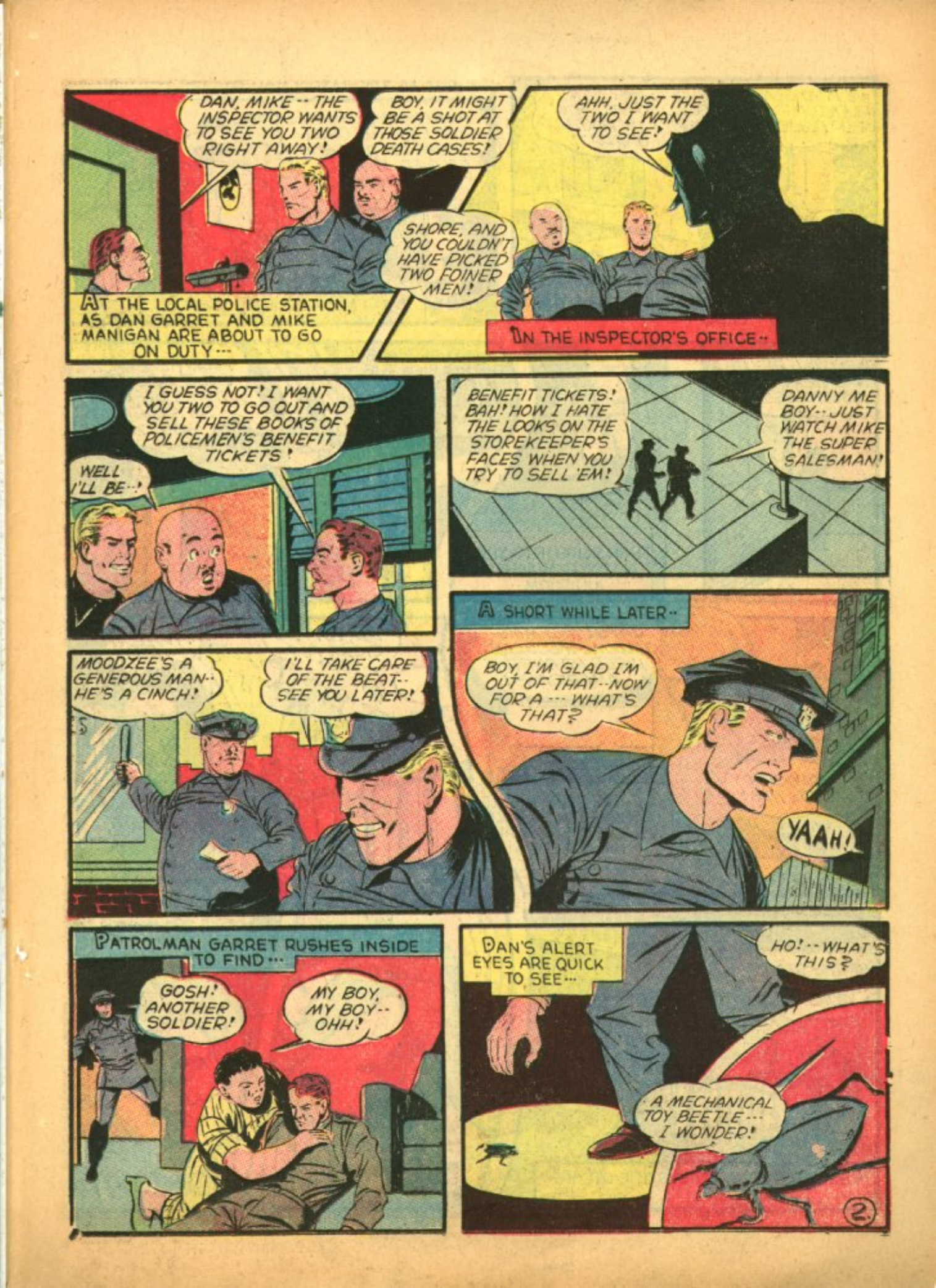 Blue Beetle (Fox / Dan Garrett), page 20. Blue Beetle (Dan Garrett). Public domain in the United States for Fox/Holyoke-era issues. Not Charlton or DC. Internet Archive folkscanomy scans used when Comic Book Plus returns 403.