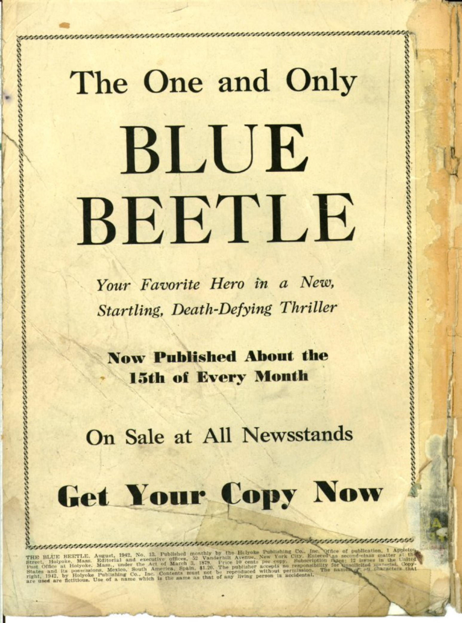 Blue Beetle (Fox / Dan Garrett), page 3. Blue Beetle (Dan Garrett). Public domain in the United States for Fox/Holyoke-era issues. Not Charlton or DC. Internet Archive folkscanomy scans used when Comic Book Plus returns 403.