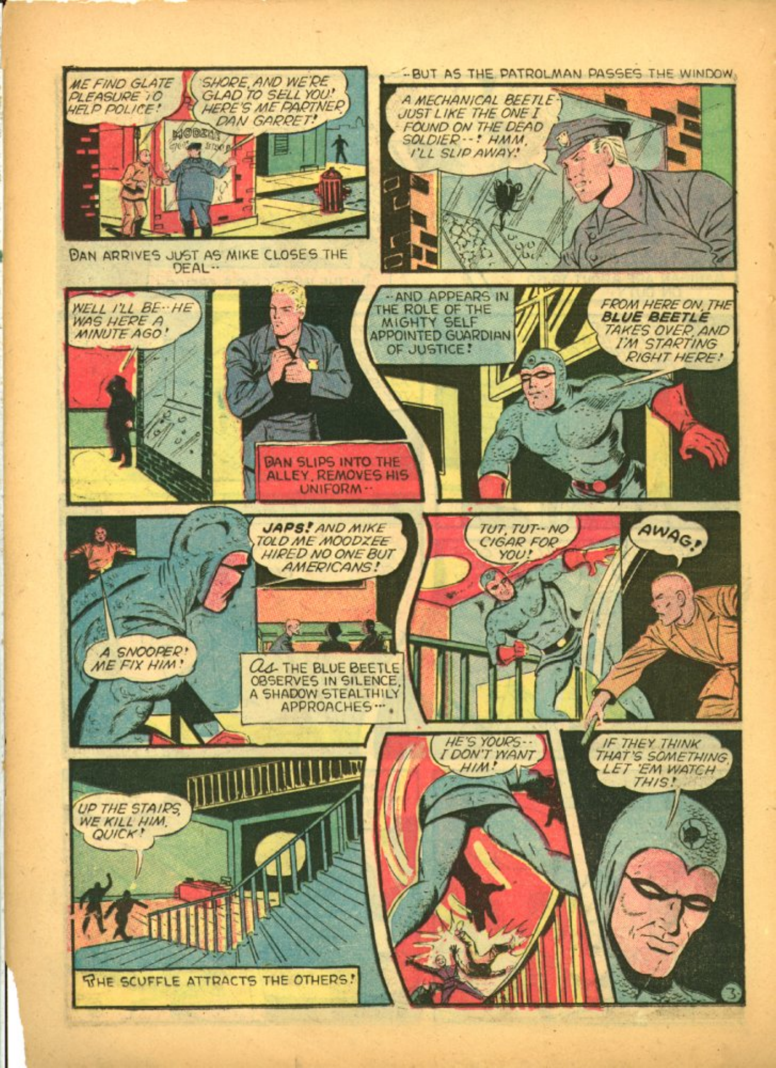 Blue Beetle (Fox / Dan Garrett), page 21. Blue Beetle (Dan Garrett). Public domain in the United States for Fox/Holyoke-era issues. Not Charlton or DC. Internet Archive folkscanomy scans used when Comic Book Plus returns 403.