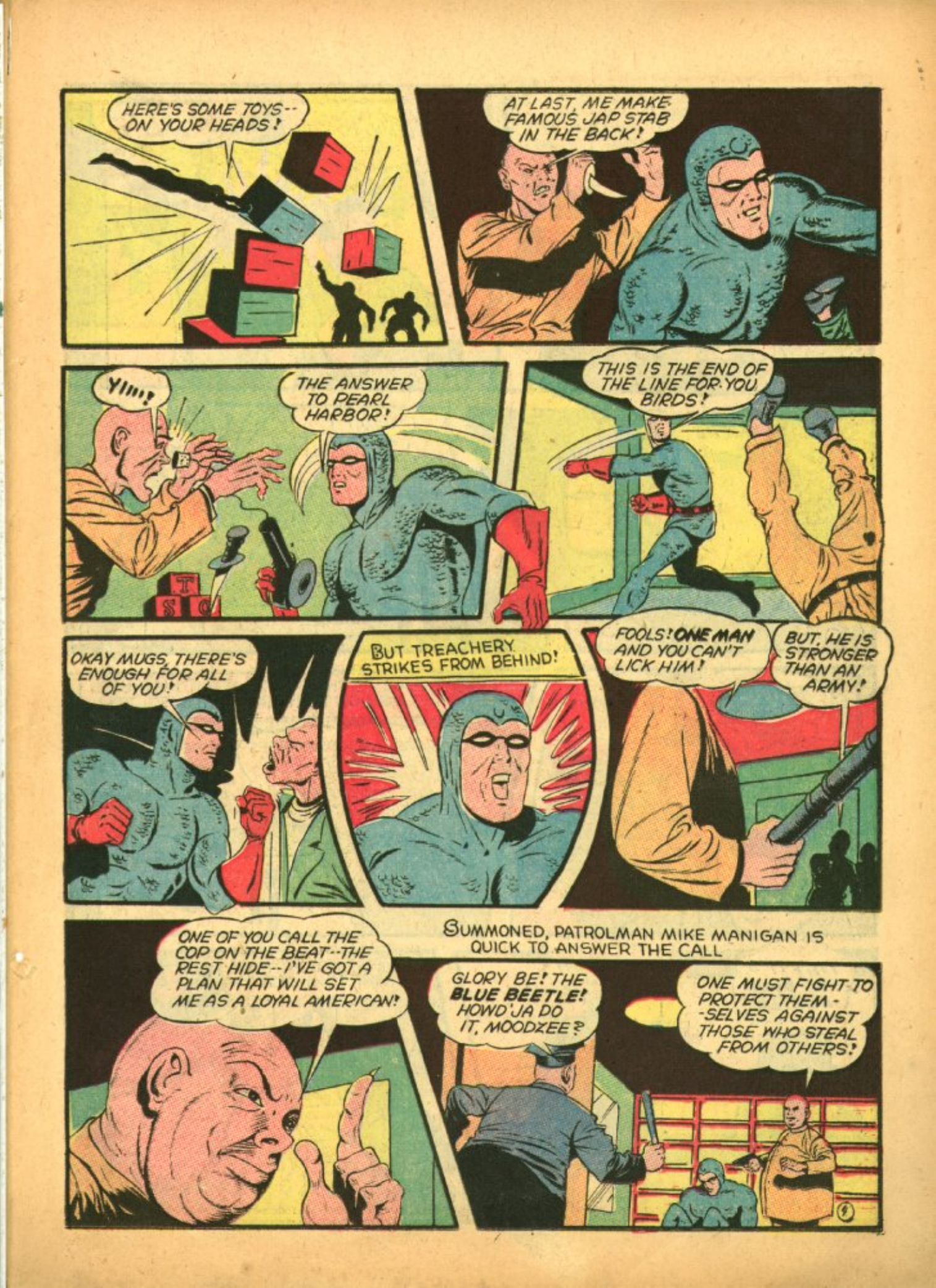 Blue Beetle (Fox / Dan Garrett), page 22. Blue Beetle (Dan Garrett). Public domain in the United States for Fox/Holyoke-era issues. Not Charlton or DC. Internet Archive folkscanomy scans used when Comic Book Plus returns 403.