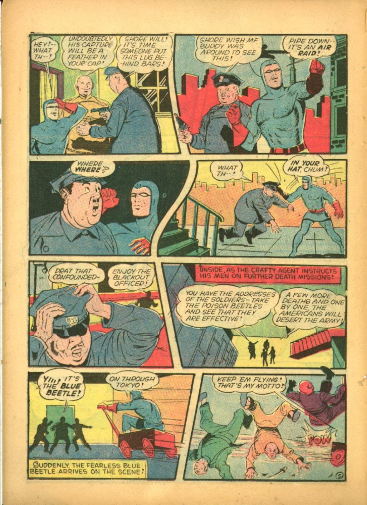Blue Beetle (Fox / Dan Garrett), page 23. Blue Beetle (Dan Garrett). Public domain in the United States for Fox/Holyoke-era issues. Not Charlton or DC. Internet Archive folkscanomy scans used when Comic Book Plus returns 403.