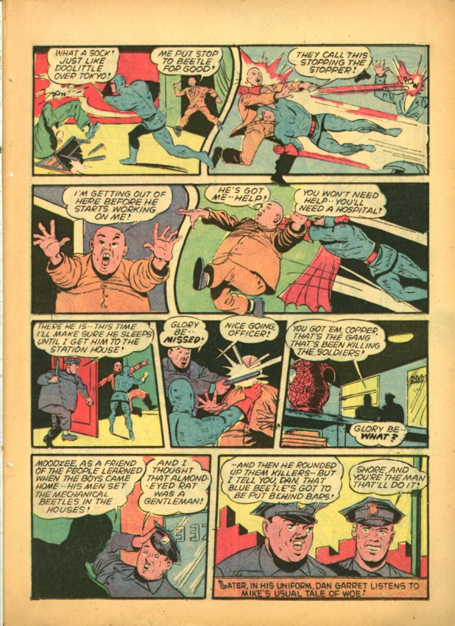 Blue Beetle (Fox / Dan Garrett), page 24. Blue Beetle (Dan Garrett). Public domain in the United States for Fox/Holyoke-era issues. Not Charlton or DC. Internet Archive folkscanomy scans used when Comic Book Plus returns 403.