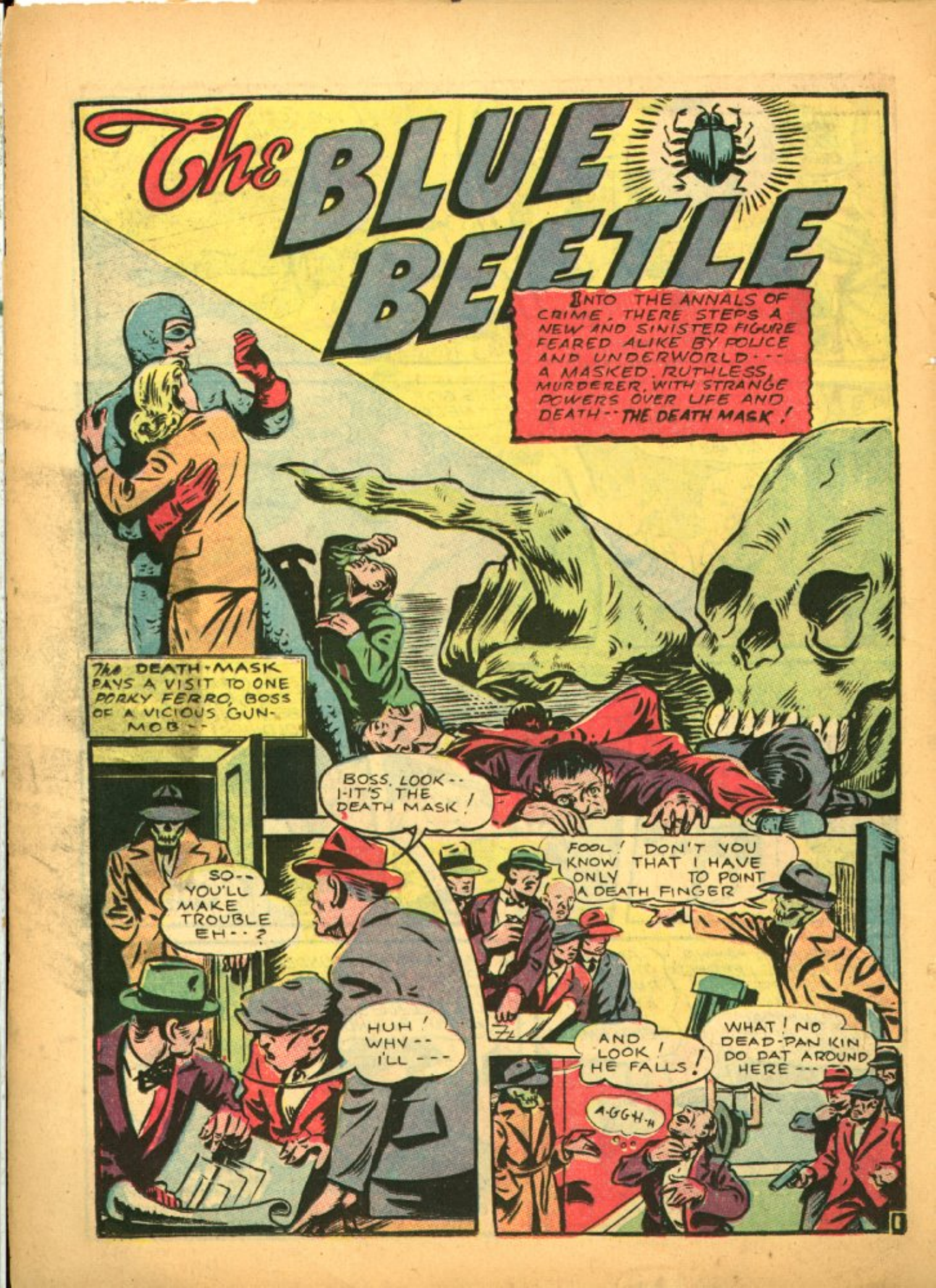 Blue Beetle (Fox / Dan Garrett), page 25. Blue Beetle (Dan Garrett). Public domain in the United States for Fox/Holyoke-era issues. Not Charlton or DC. Internet Archive folkscanomy scans used when Comic Book Plus returns 403.