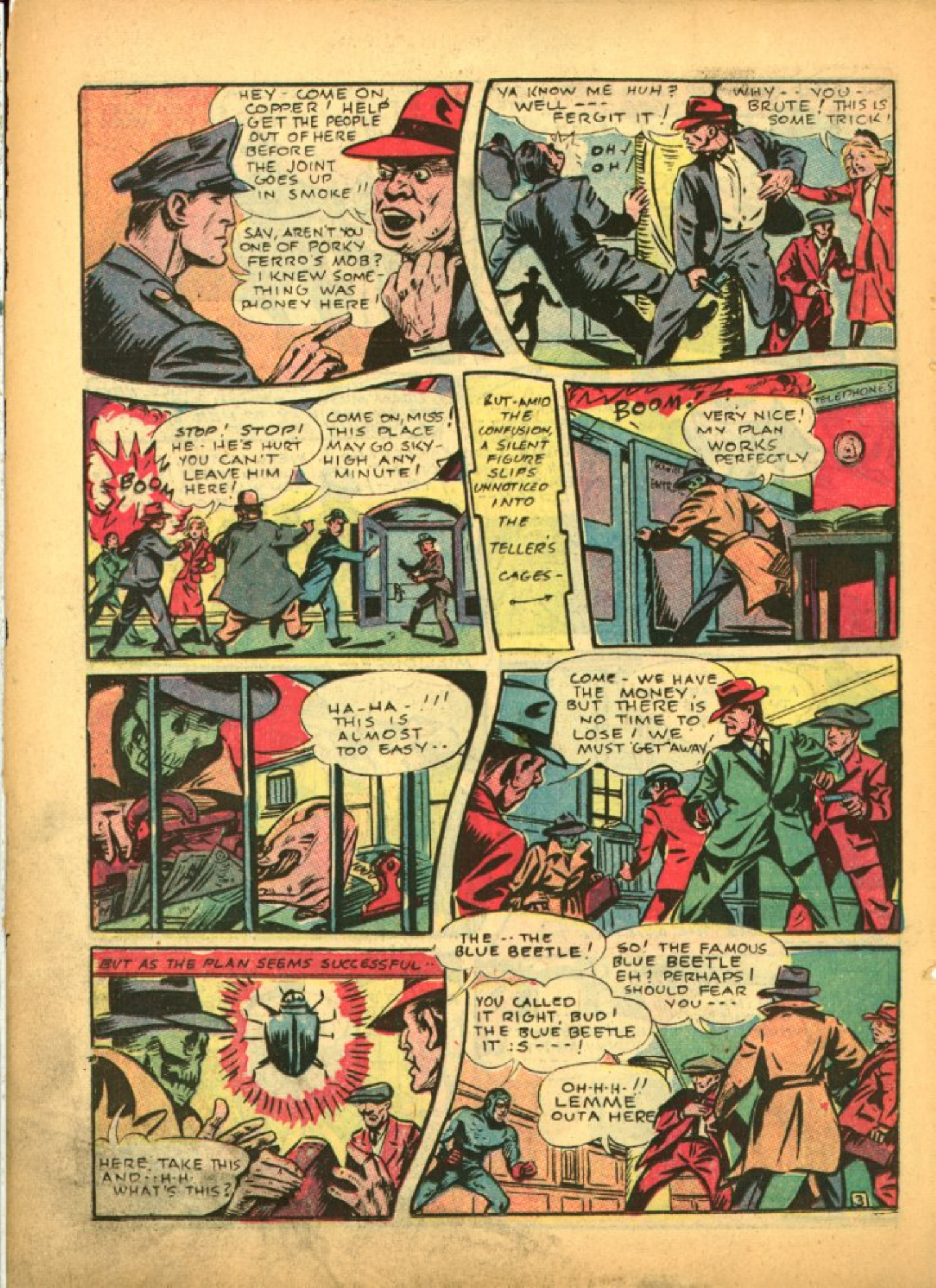 Blue Beetle (Fox / Dan Garrett), page 27. Blue Beetle (Dan Garrett). Public domain in the United States for Fox/Holyoke-era issues. Not Charlton or DC. Internet Archive folkscanomy scans used when Comic Book Plus returns 403.