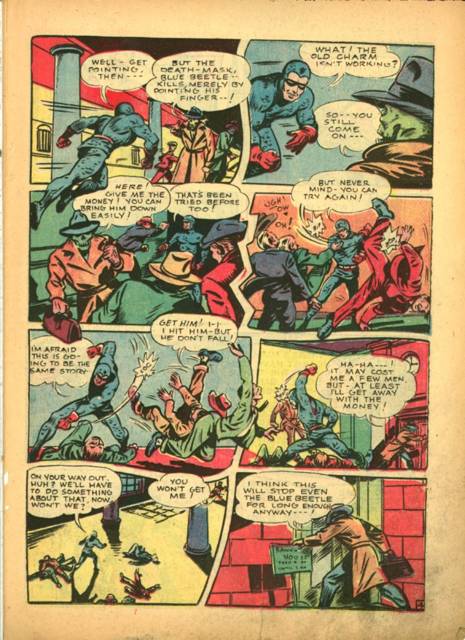 Blue Beetle (Fox / Dan Garrett), page 28. Blue Beetle (Dan Garrett). Public domain in the United States for Fox/Holyoke-era issues. Not Charlton or DC. Internet Archive folkscanomy scans used when Comic Book Plus returns 403.