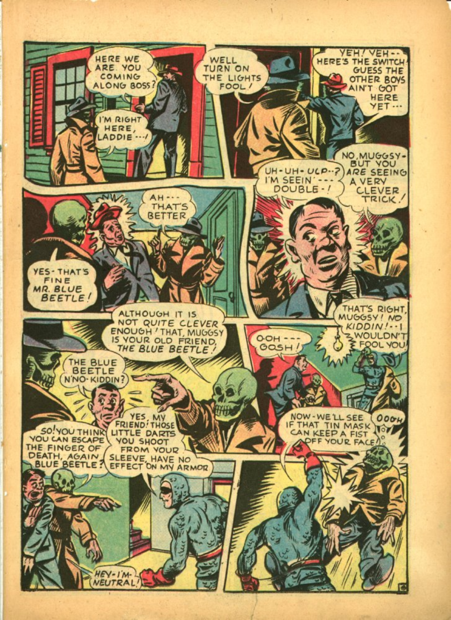 Blue Beetle (Fox / Dan Garrett), page 30. Blue Beetle (Dan Garrett). Public domain in the United States for Fox/Holyoke-era issues. Not Charlton or DC. Internet Archive folkscanomy scans used when Comic Book Plus returns 403.