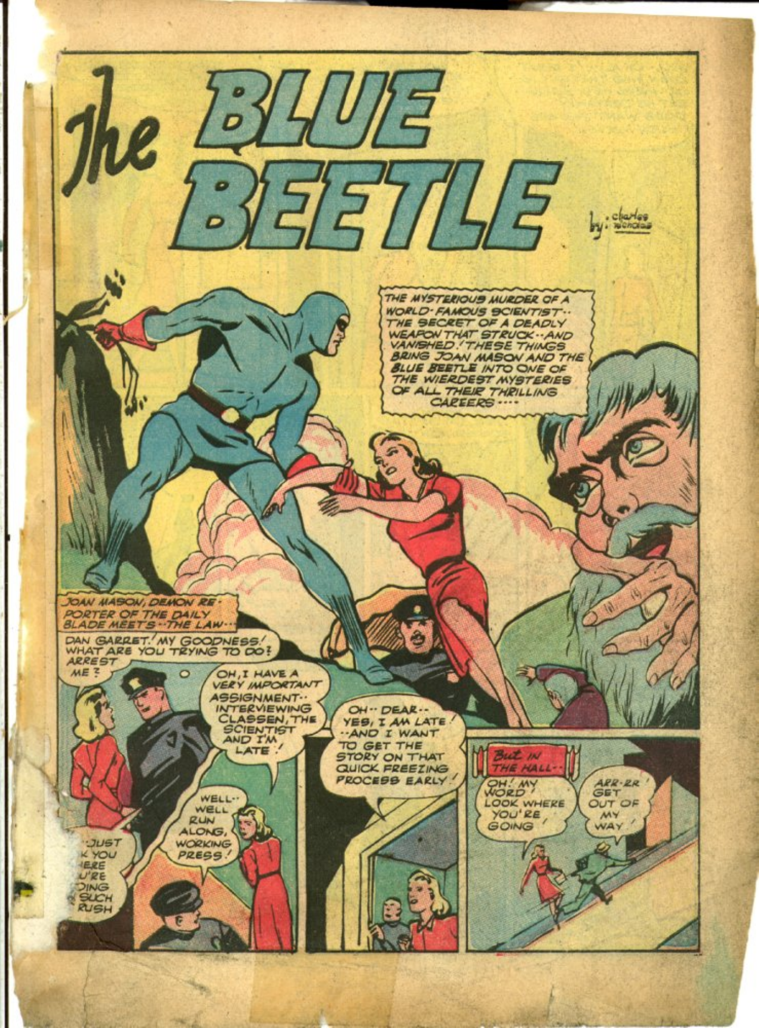 Blue Beetle (Fox / Dan Garrett), page 4. Blue Beetle (Dan Garrett). Public domain in the United States for Fox/Holyoke-era issues. Not Charlton or DC. Internet Archive folkscanomy scans used when Comic Book Plus returns 403.