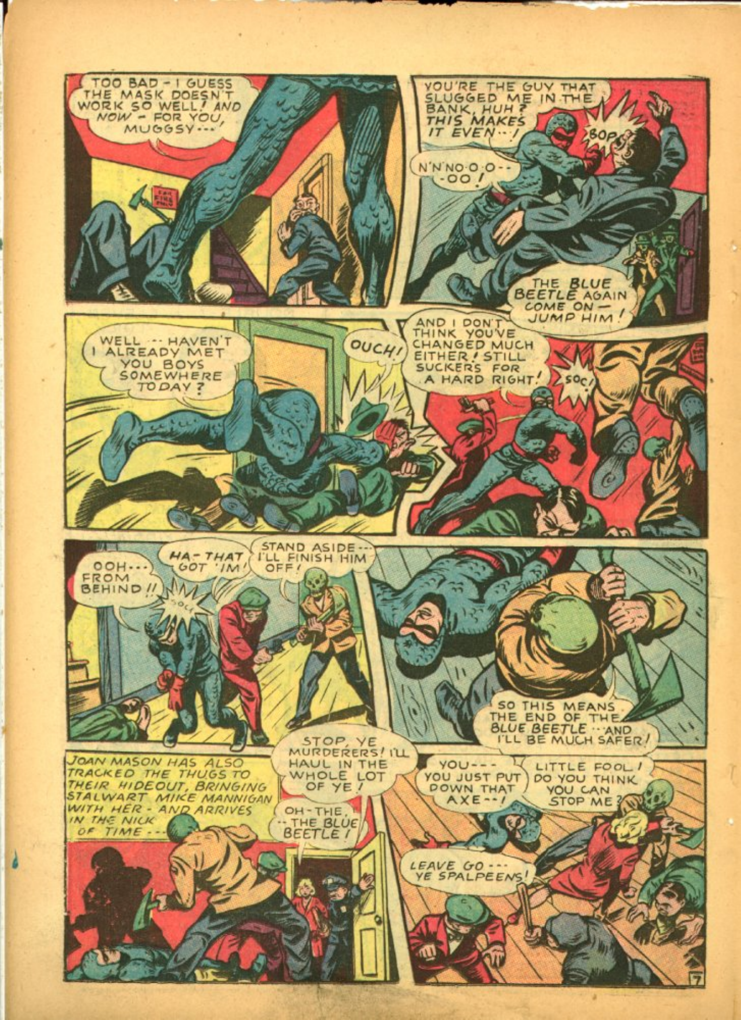 Blue Beetle (Fox / Dan Garrett), page 31. Blue Beetle (Dan Garrett). Public domain in the United States for Fox/Holyoke-era issues. Not Charlton or DC. Internet Archive folkscanomy scans used when Comic Book Plus returns 403.