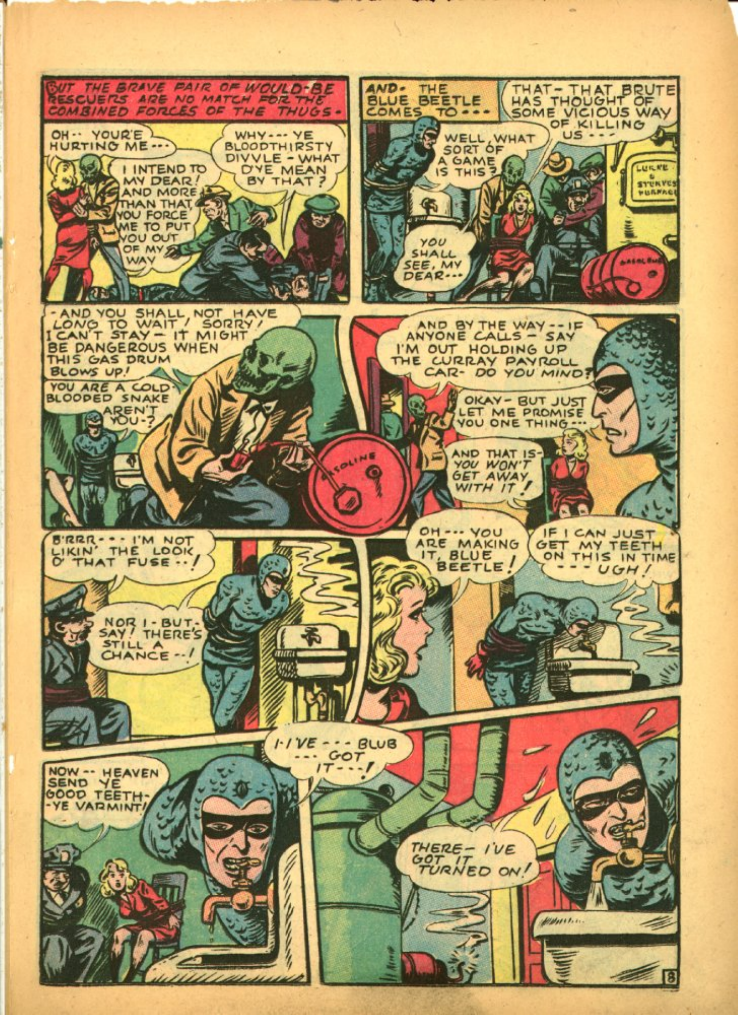 Blue Beetle (Fox / Dan Garrett), page 32. Blue Beetle (Dan Garrett). Public domain in the United States for Fox/Holyoke-era issues. Not Charlton or DC. Internet Archive folkscanomy scans used when Comic Book Plus returns 403.