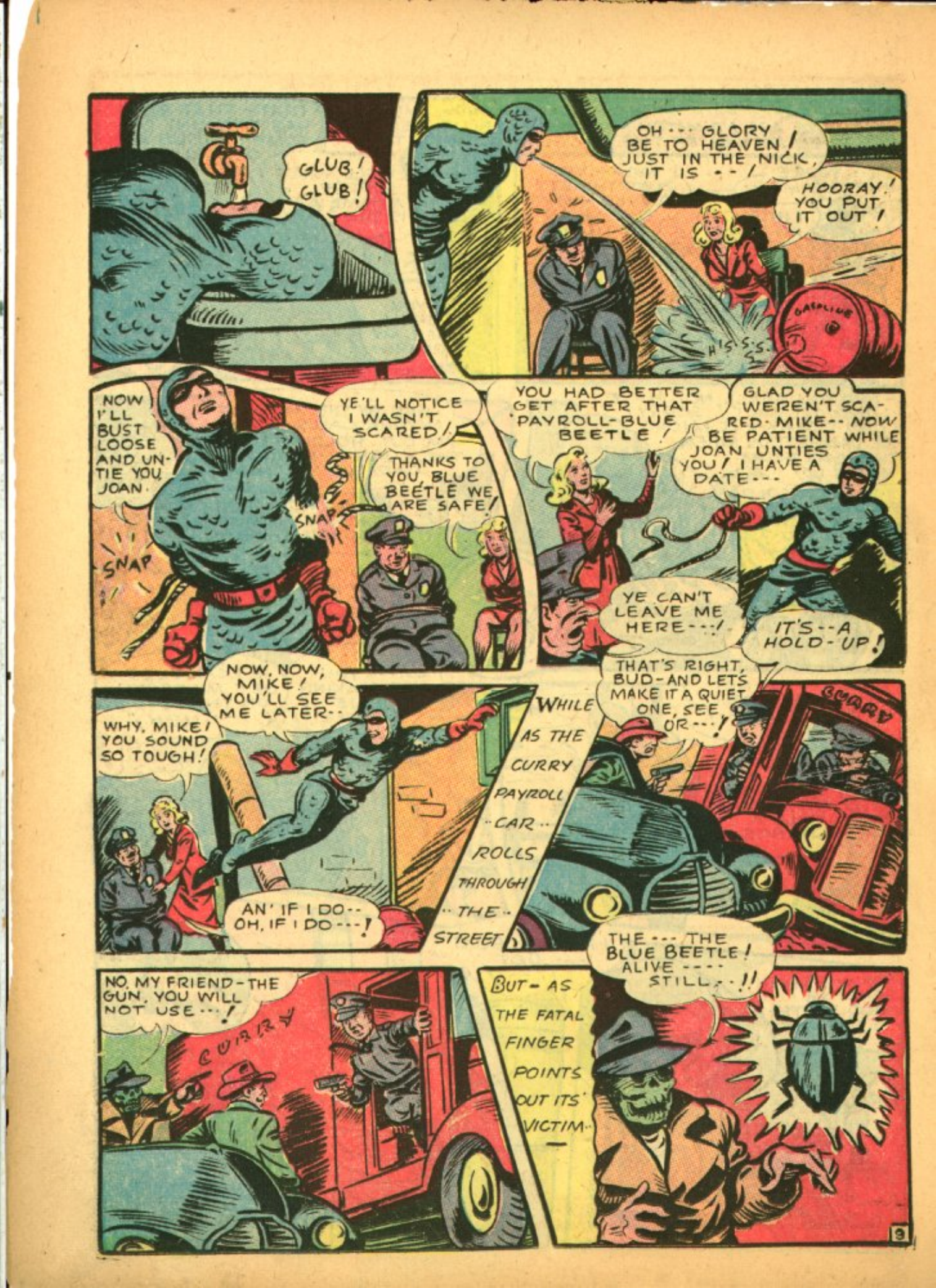 Blue Beetle (Fox / Dan Garrett), page 33. Blue Beetle (Dan Garrett). Public domain in the United States for Fox/Holyoke-era issues. Not Charlton or DC. Internet Archive folkscanomy scans used when Comic Book Plus returns 403.