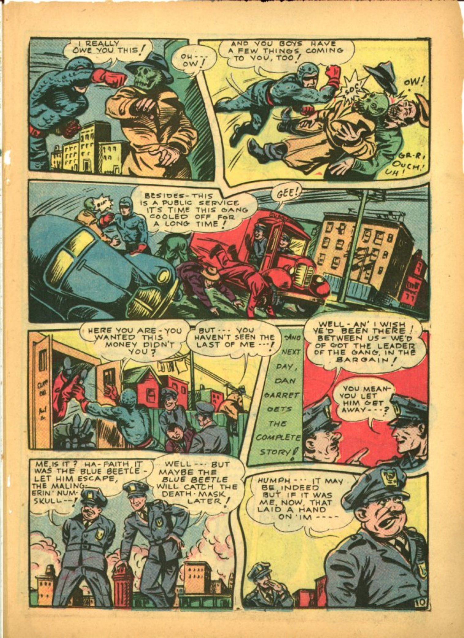 Blue Beetle (Fox / Dan Garrett), page 34. Blue Beetle (Dan Garrett). Public domain in the United States for Fox/Holyoke-era issues. Not Charlton or DC. Internet Archive folkscanomy scans used when Comic Book Plus returns 403.
