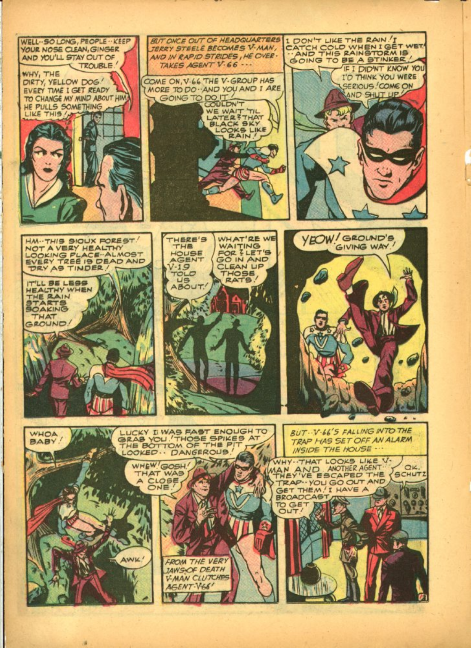 Blue Beetle (Fox / Dan Garrett), page 38. Blue Beetle (Dan Garrett). Public domain in the United States for Fox/Holyoke-era issues. Not Charlton or DC. Internet Archive folkscanomy scans used when Comic Book Plus returns 403.