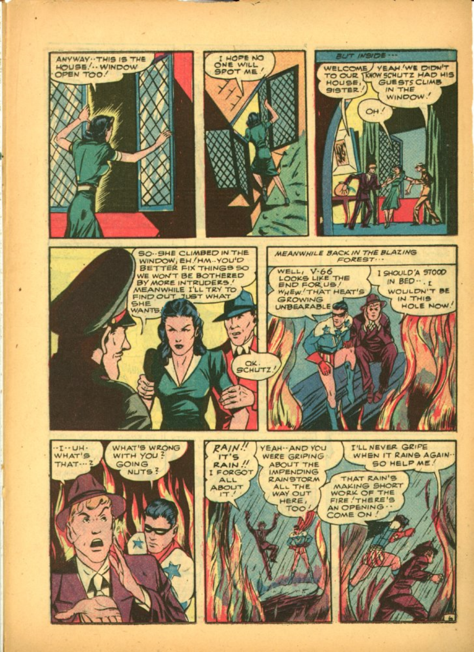 Blue Beetle (Fox / Dan Garrett), page 41. Blue Beetle (Dan Garrett). Public domain in the United States for Fox/Holyoke-era issues. Not Charlton or DC. Internet Archive folkscanomy scans used when Comic Book Plus returns 403.