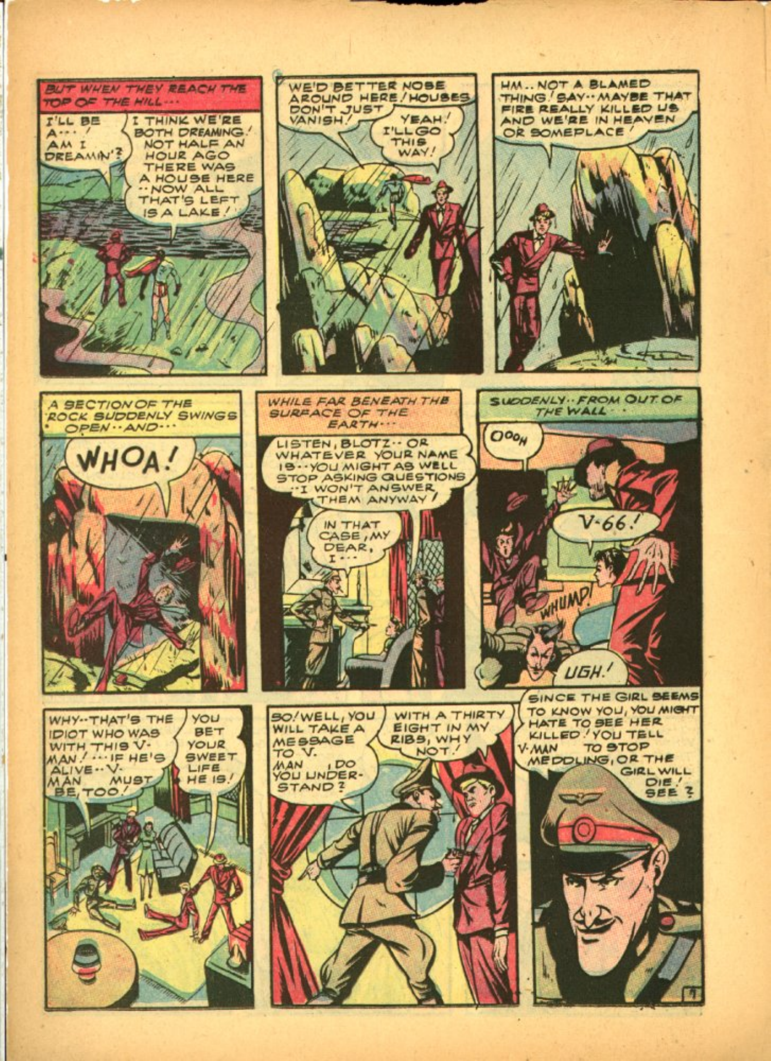 Blue Beetle (Fox / Dan Garrett), page 42. Blue Beetle (Dan Garrett). Public domain in the United States for Fox/Holyoke-era issues. Not Charlton or DC. Internet Archive folkscanomy scans used when Comic Book Plus returns 403.