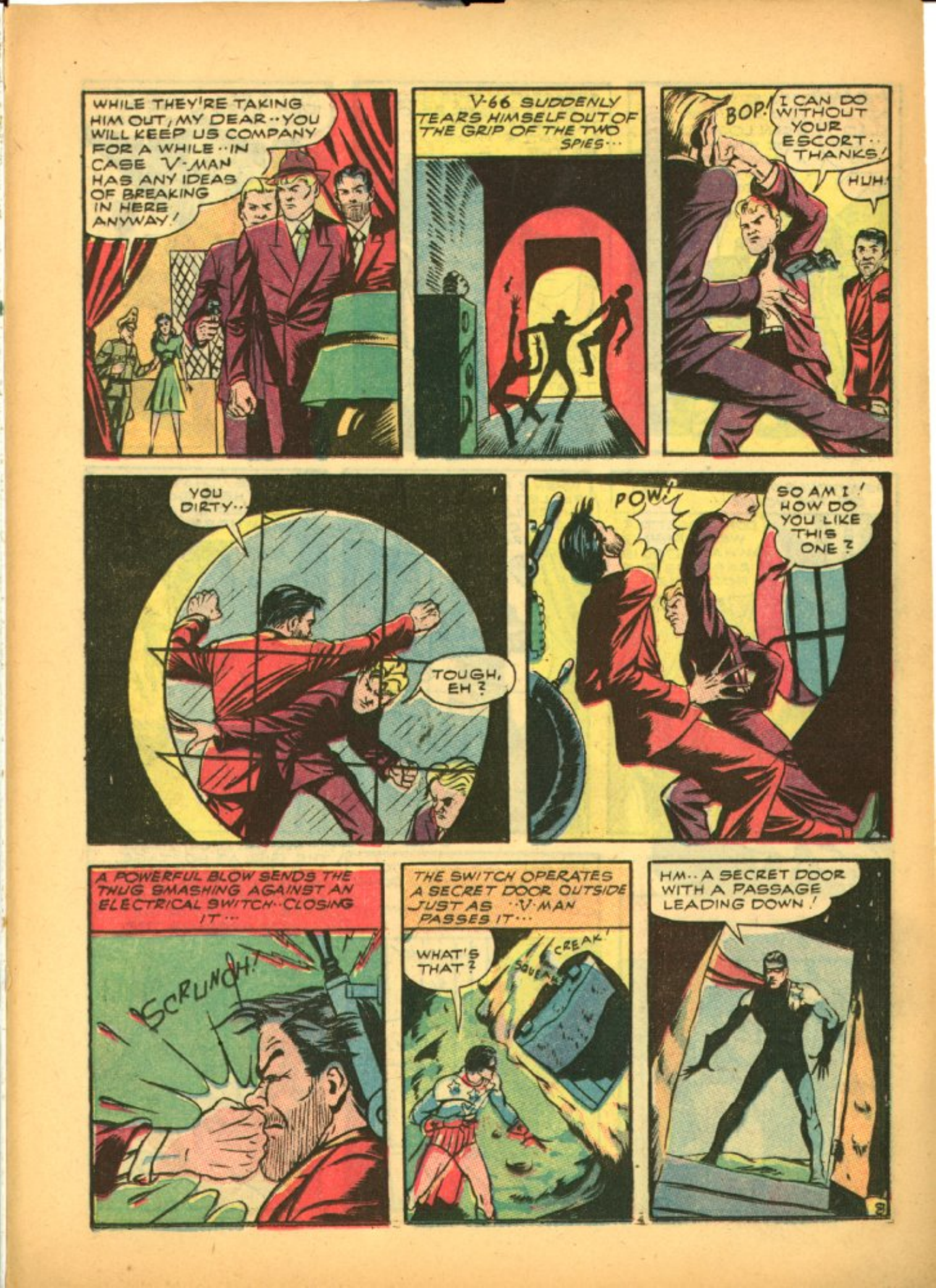 Blue Beetle (Fox / Dan Garrett), page 43. Blue Beetle (Dan Garrett). Public domain in the United States for Fox/Holyoke-era issues. Not Charlton or DC. Internet Archive folkscanomy scans used when Comic Book Plus returns 403.