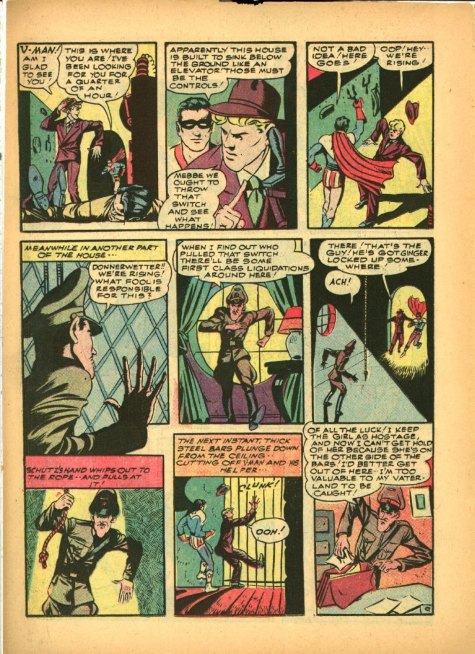 Blue Beetle (Fox / Dan Garrett), page 44. Blue Beetle (Dan Garrett). Public domain in the United States for Fox/Holyoke-era issues. Not Charlton or DC. Internet Archive folkscanomy scans used when Comic Book Plus returns 403.