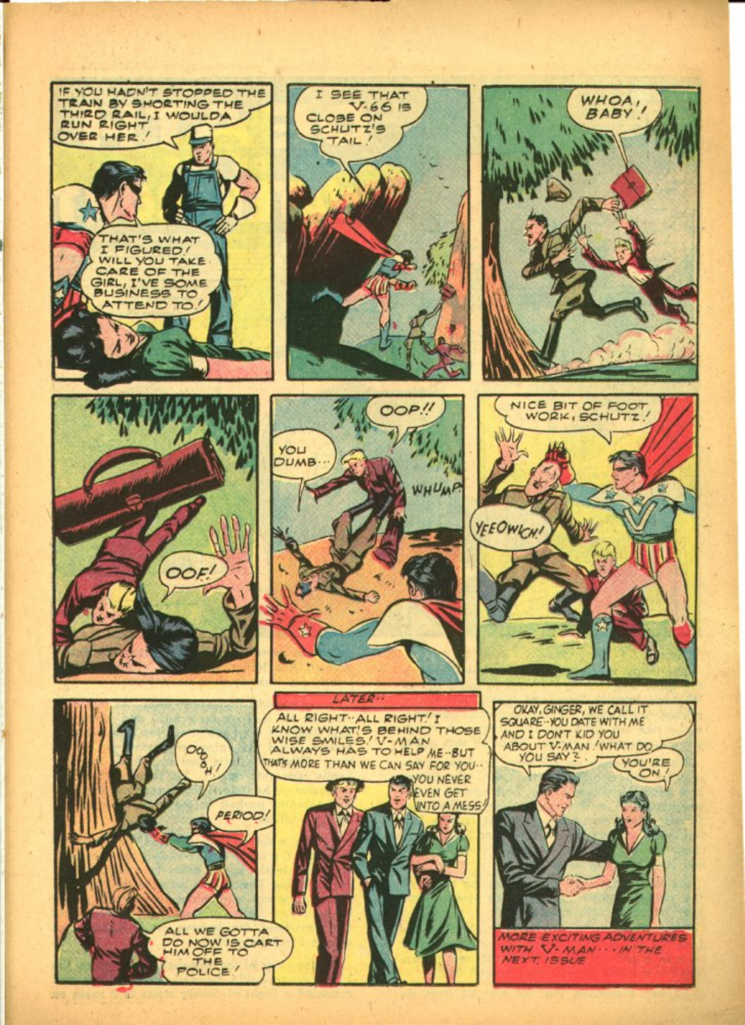 Blue Beetle (Fox / Dan Garrett), page 47. Blue Beetle (Dan Garrett). Public domain in the United States for Fox/Holyoke-era issues. Not Charlton or DC. Internet Archive folkscanomy scans used when Comic Book Plus returns 403.