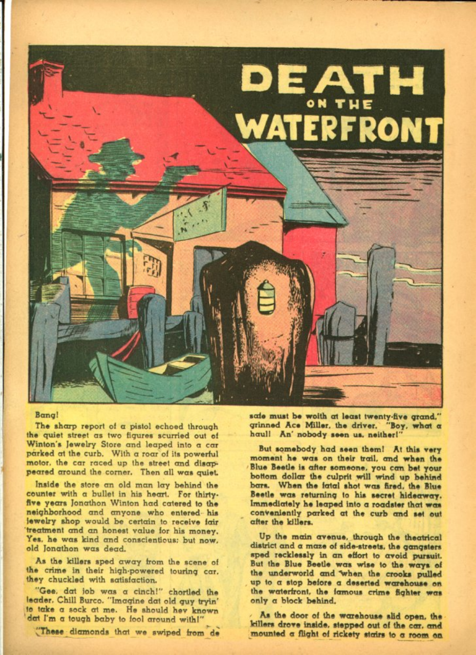 Blue Beetle (Fox / Dan Garrett), page 48. Blue Beetle (Dan Garrett). Public domain in the United States for Fox/Holyoke-era issues. Not Charlton or DC. Internet Archive folkscanomy scans used when Comic Book Plus returns 403.