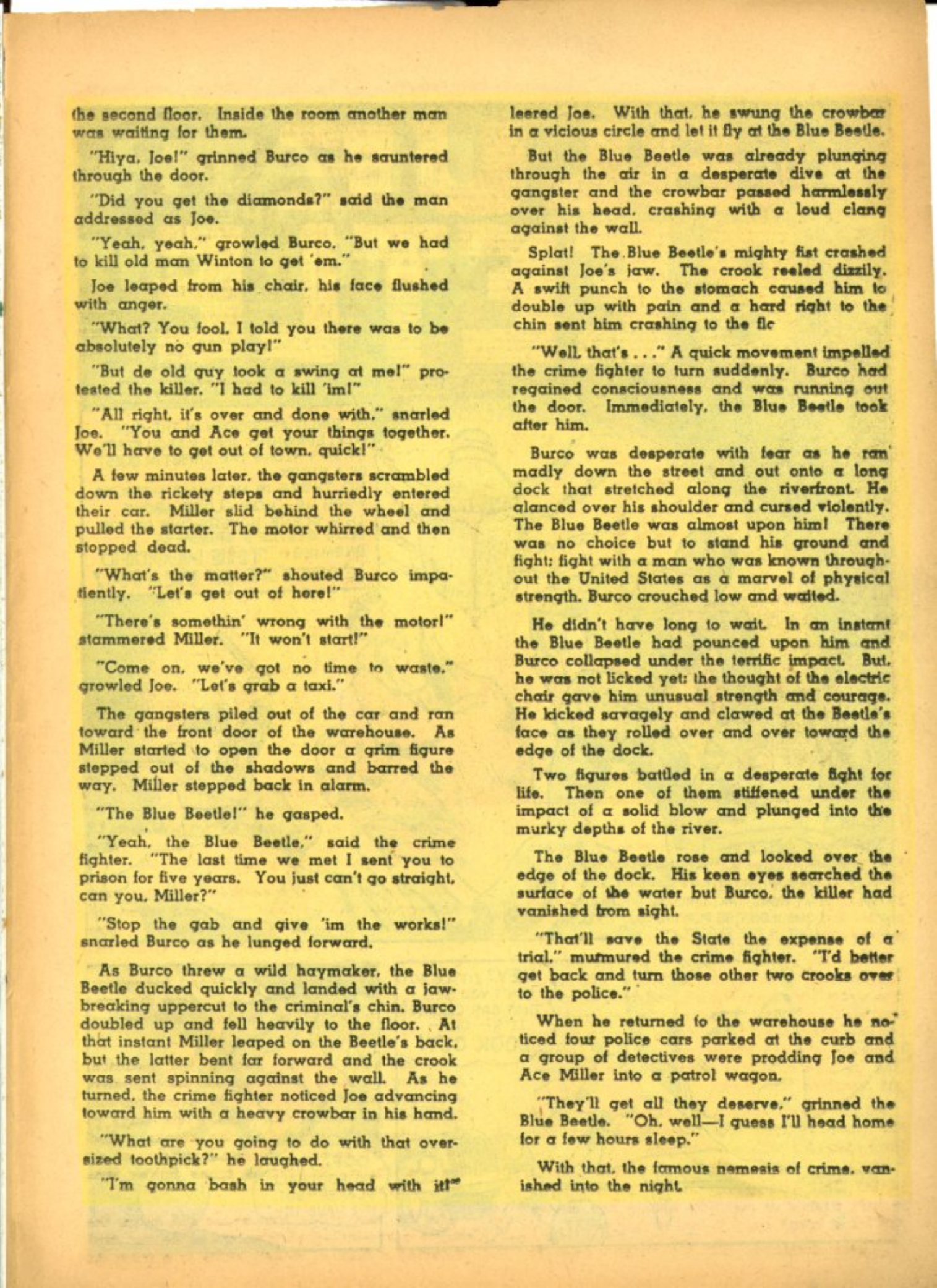 Blue Beetle (Fox / Dan Garrett), page 49. Blue Beetle (Dan Garrett). Public domain in the United States for Fox/Holyoke-era issues. Not Charlton or DC. Internet Archive folkscanomy scans used when Comic Book Plus returns 403.