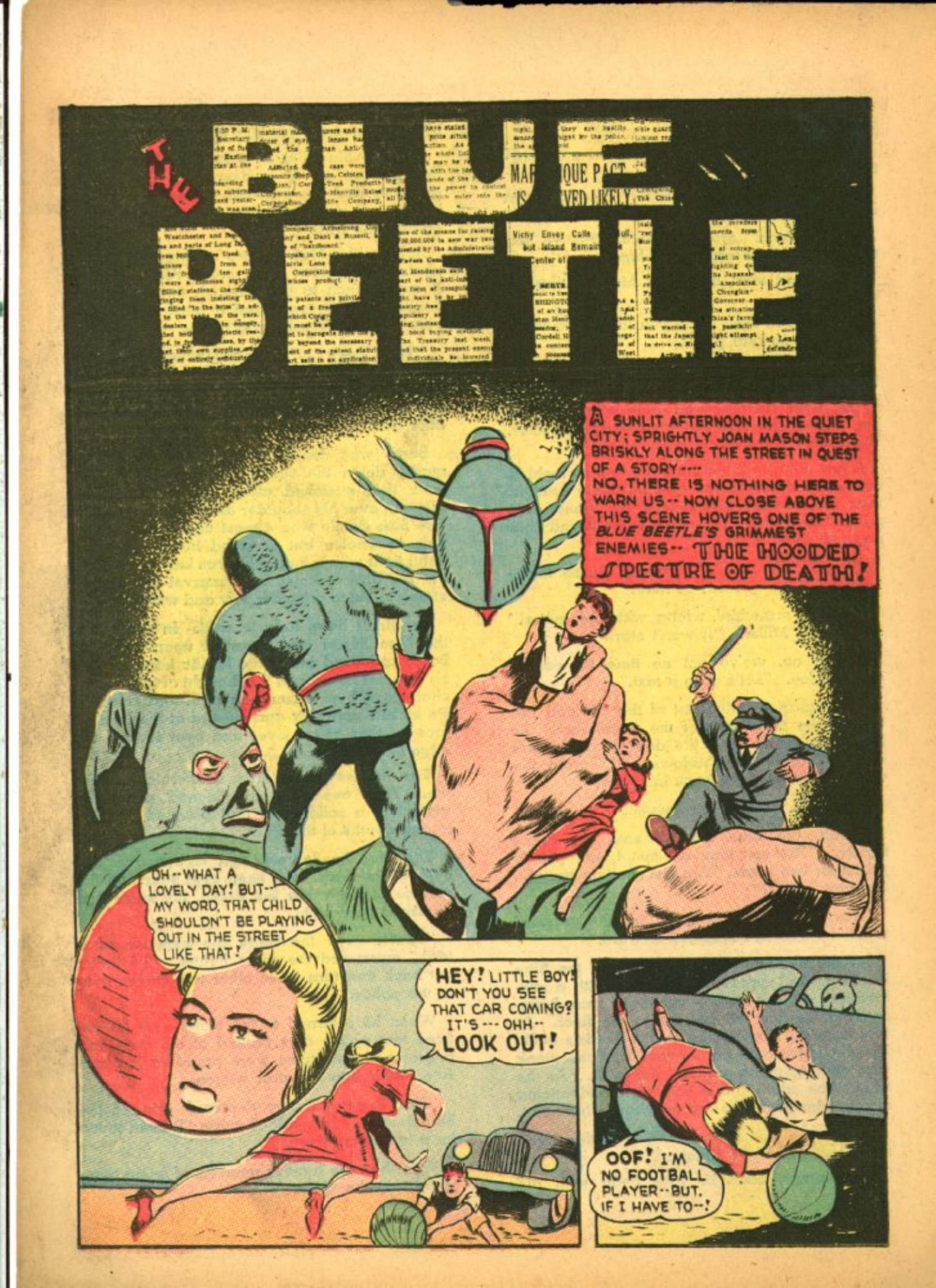Blue Beetle (Fox / Dan Garrett), page 50. Blue Beetle (Dan Garrett). Public domain in the United States for Fox/Holyoke-era issues. Not Charlton or DC. Internet Archive folkscanomy scans used when Comic Book Plus returns 403.