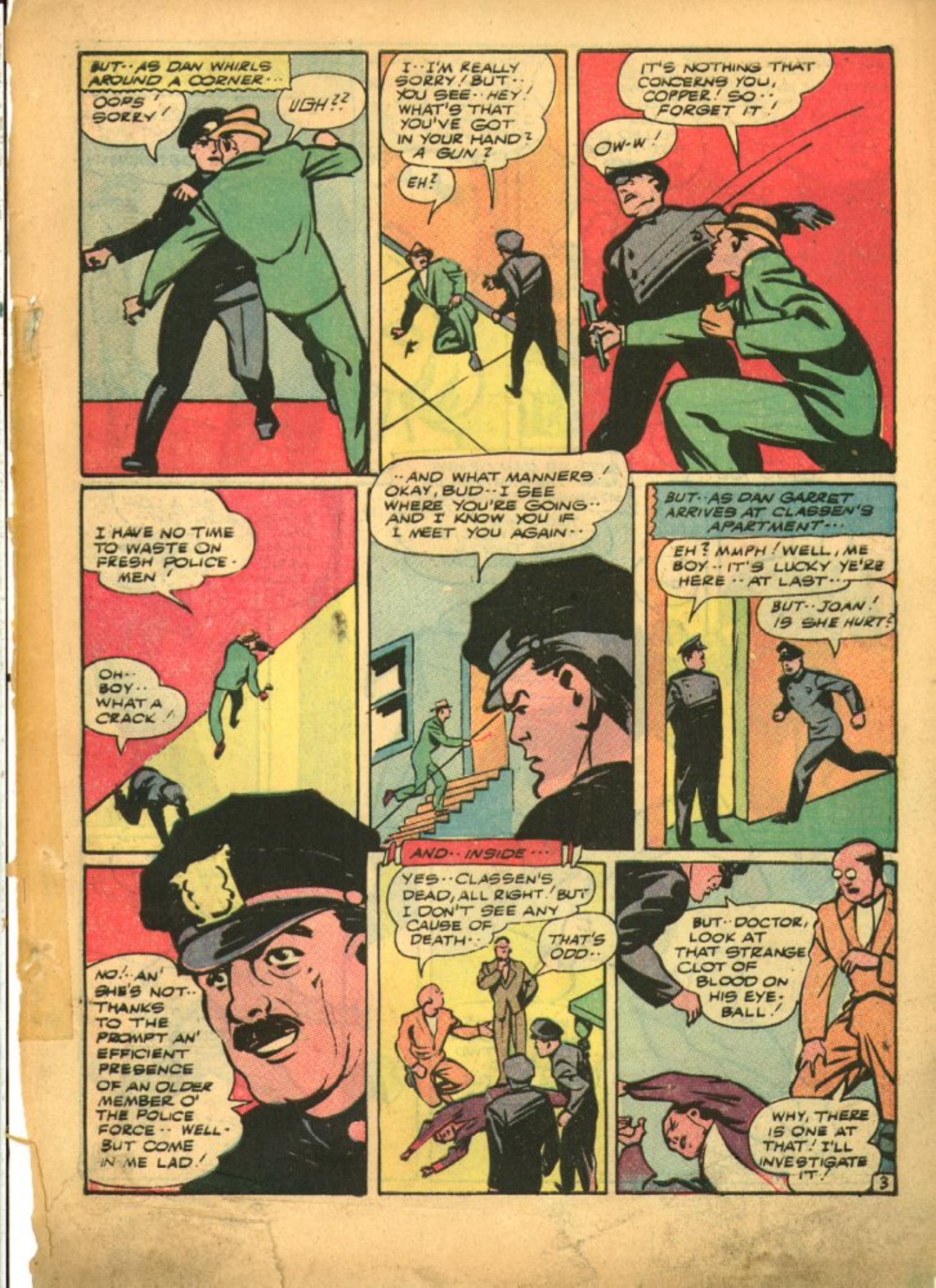 Blue Beetle (Fox / Dan Garrett), page 6. Blue Beetle (Dan Garrett). Public domain in the United States for Fox/Holyoke-era issues. Not Charlton or DC. Internet Archive folkscanomy scans used when Comic Book Plus returns 403.