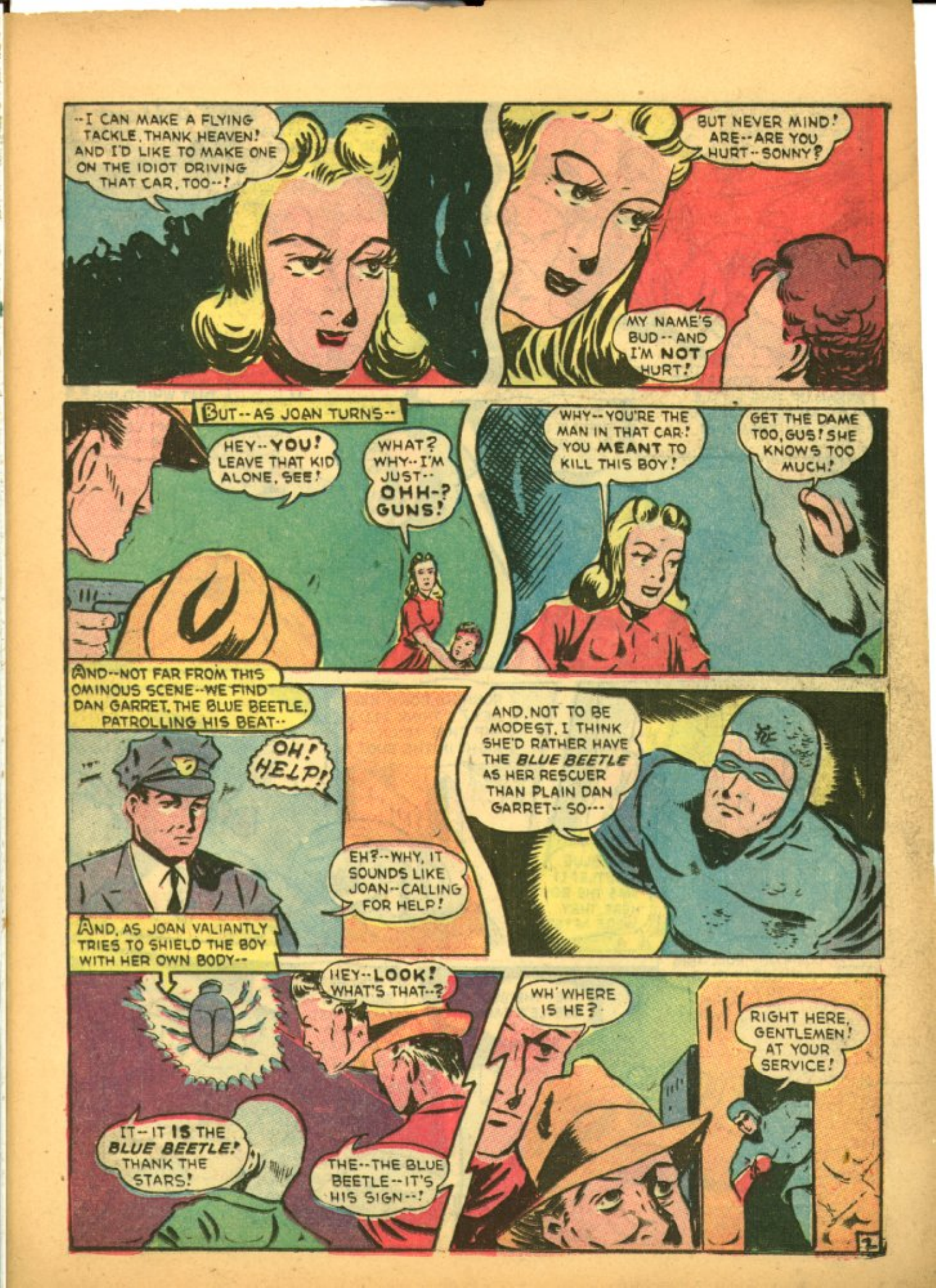 Blue Beetle (Fox / Dan Garrett), page 51. Blue Beetle (Dan Garrett). Public domain in the United States for Fox/Holyoke-era issues. Not Charlton or DC. Internet Archive folkscanomy scans used when Comic Book Plus returns 403.