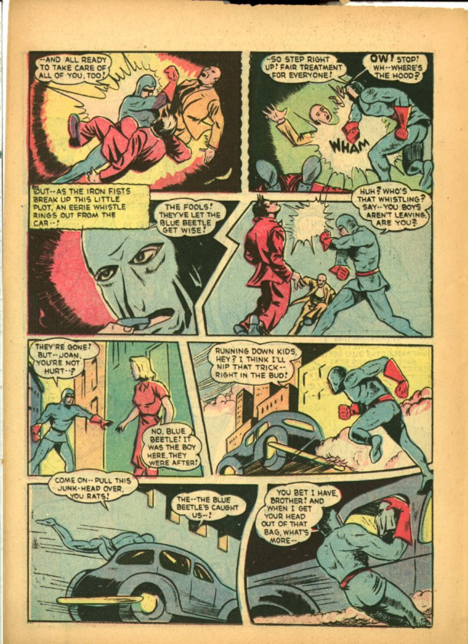 Blue Beetle (Fox / Dan Garrett), page 52. Blue Beetle (Dan Garrett). Public domain in the United States for Fox/Holyoke-era issues. Not Charlton or DC. Internet Archive folkscanomy scans used when Comic Book Plus returns 403.