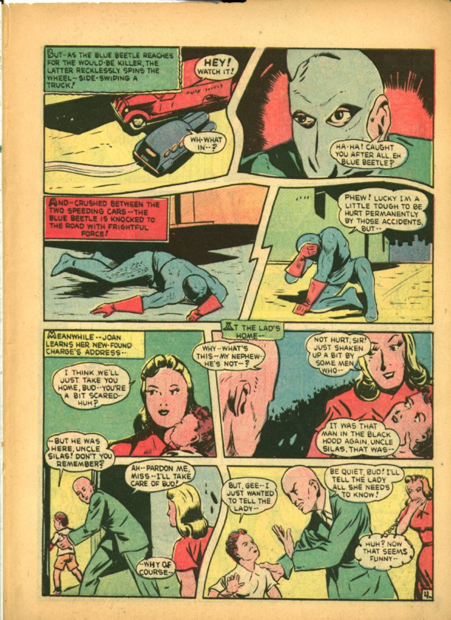 Blue Beetle (Fox / Dan Garrett), page 53. Blue Beetle (Dan Garrett). Public domain in the United States for Fox/Holyoke-era issues. Not Charlton or DC. Internet Archive folkscanomy scans used when Comic Book Plus returns 403.