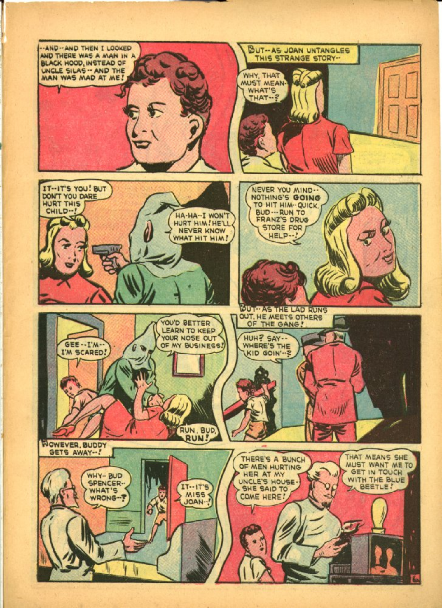 Blue Beetle (Fox / Dan Garrett), page 55. Blue Beetle (Dan Garrett). Public domain in the United States for Fox/Holyoke-era issues. Not Charlton or DC. Internet Archive folkscanomy scans used when Comic Book Plus returns 403.