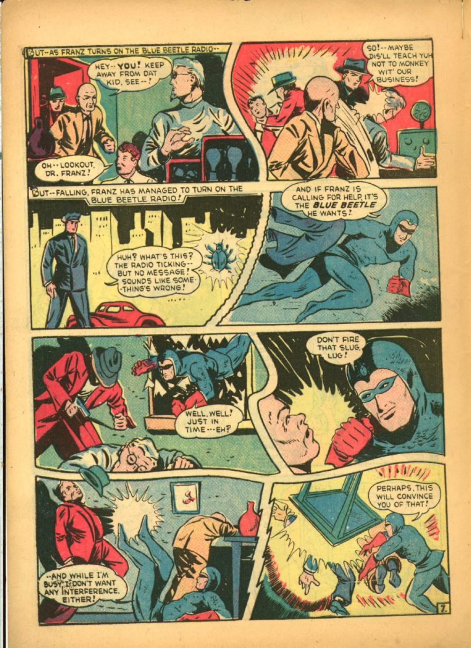 Blue Beetle (Fox / Dan Garrett), page 56. Blue Beetle (Dan Garrett). Public domain in the United States for Fox/Holyoke-era issues. Not Charlton or DC. Internet Archive folkscanomy scans used when Comic Book Plus returns 403.