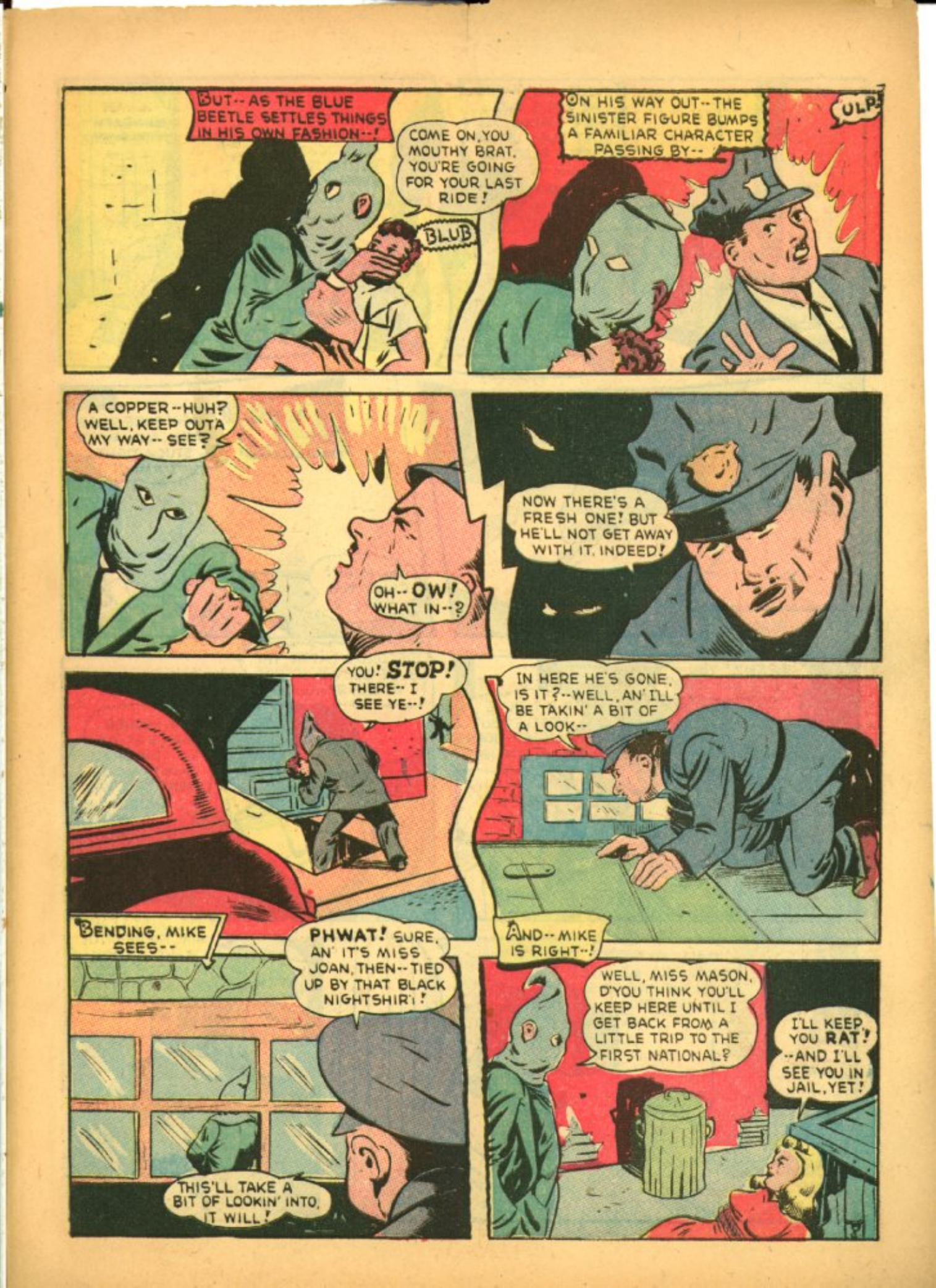Blue Beetle (Fox / Dan Garrett), page 57. Blue Beetle (Dan Garrett). Public domain in the United States for Fox/Holyoke-era issues. Not Charlton or DC. Internet Archive folkscanomy scans used when Comic Book Plus returns 403.