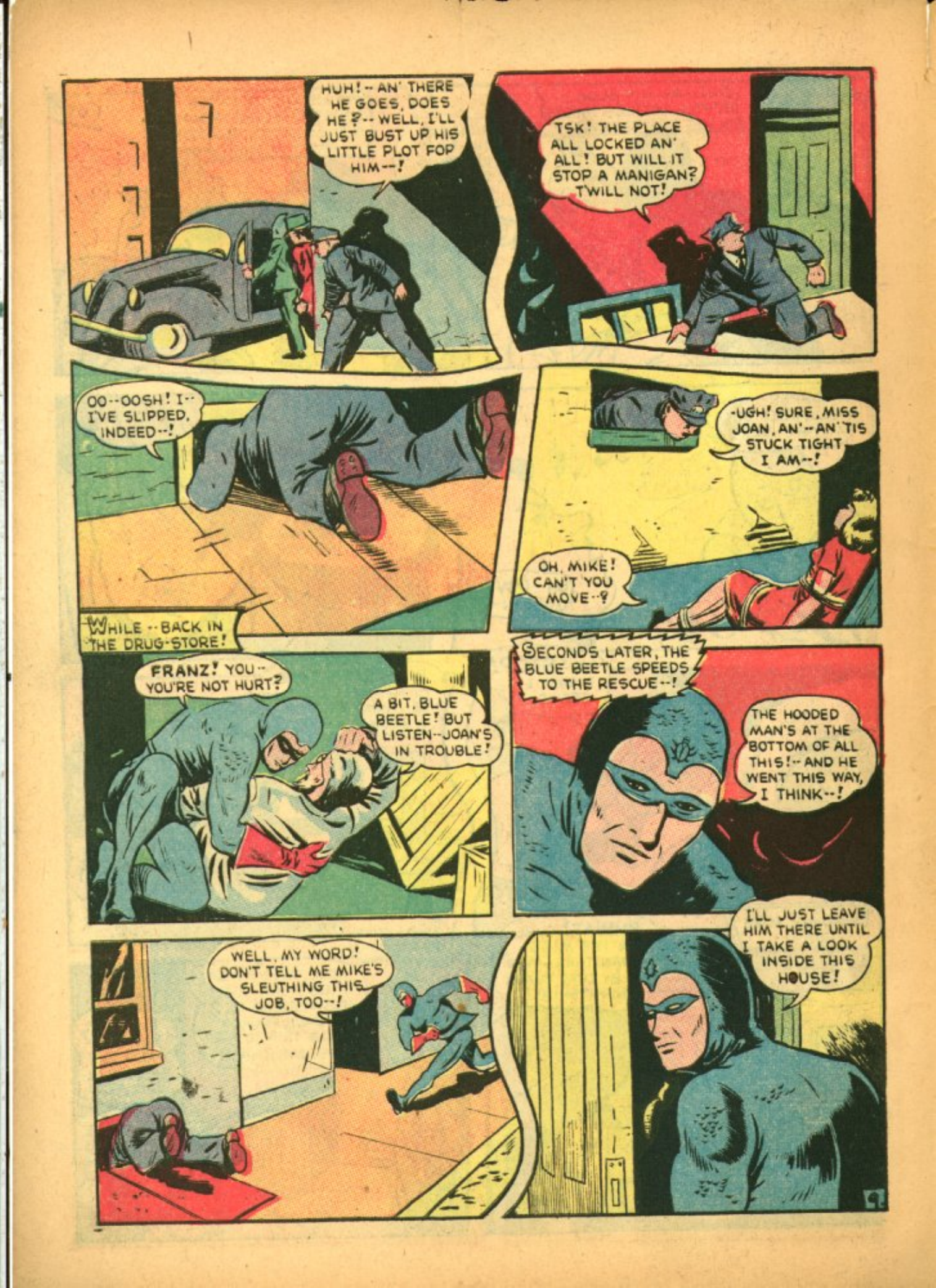 Blue Beetle (Fox / Dan Garrett), page 58. Blue Beetle (Dan Garrett). Public domain in the United States for Fox/Holyoke-era issues. Not Charlton or DC. Internet Archive folkscanomy scans used when Comic Book Plus returns 403.