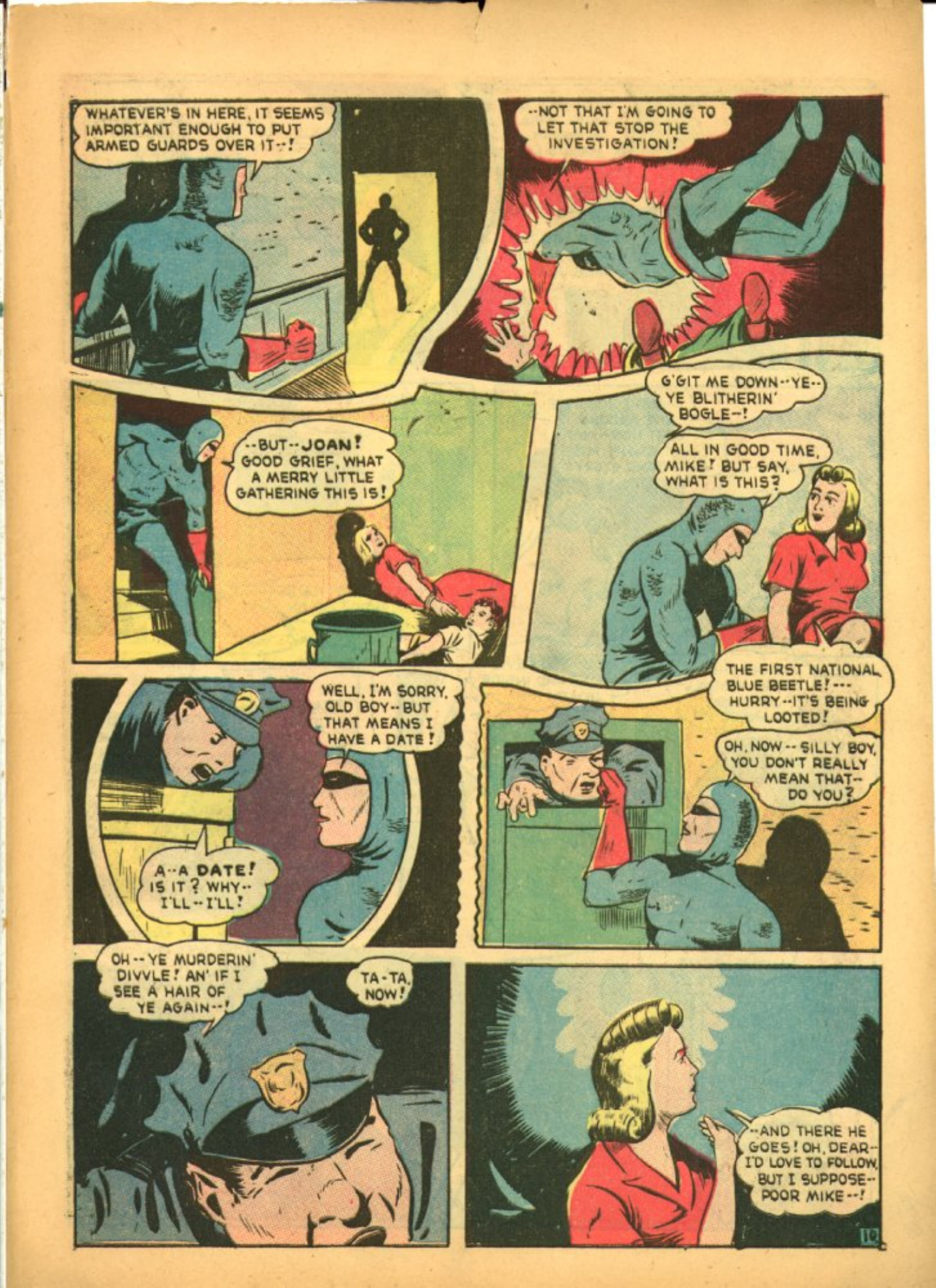 Blue Beetle (Fox / Dan Garrett), page 59. Blue Beetle (Dan Garrett). Public domain in the United States for Fox/Holyoke-era issues. Not Charlton or DC. Internet Archive folkscanomy scans used when Comic Book Plus returns 403.